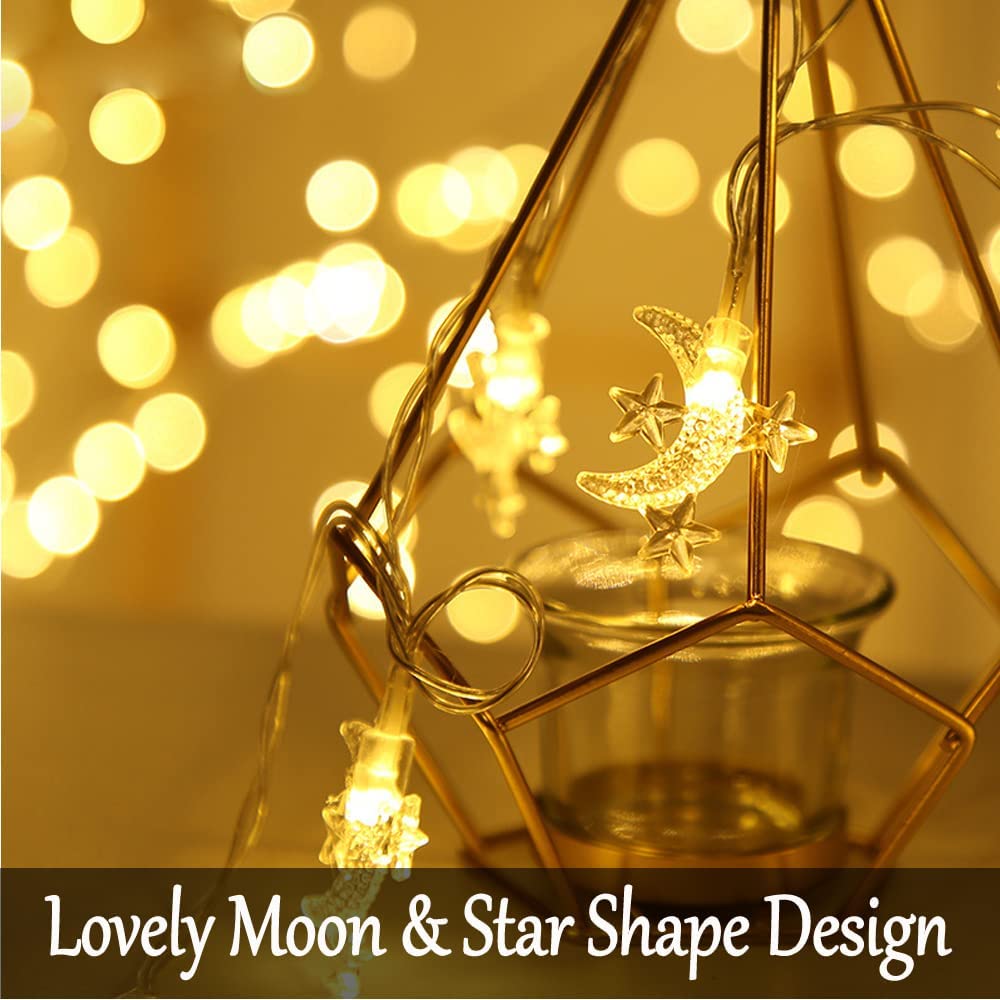 40 LED Moon String Lights Battery Operated - 20ft Moon & Star Fairy Lights for Outdoor Patio, Garden, Wedding Decorations | Party, Festival, Ramadan Lights | Perfect for Backyard, Bedroom & Holiday Decor