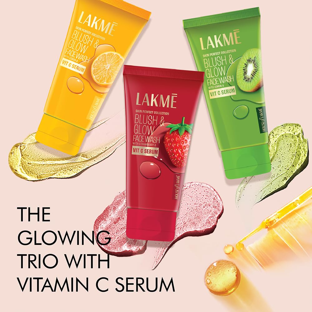 Lakme Blush & Glow Exfoliating Face Wash with Vitamin C Serum - Hydrating & Gentle Facial Cleanser with Strawberry Fruit Extracts, 150g - Perfect for Daily Skincare & Brightening Dull Skin