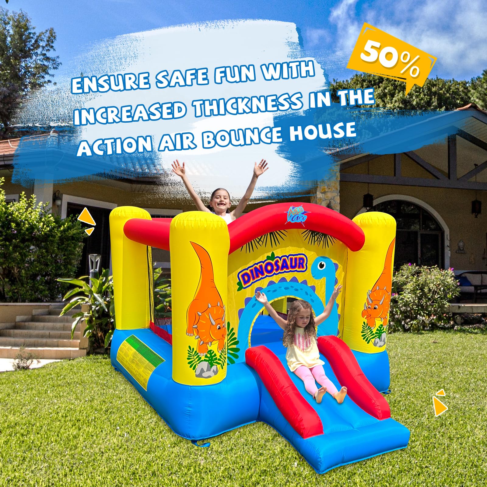 Dinosaur Theme Inflatable Bounce House with Air Blower - Extra Thick & Durable Sewn for Kids Indoor/Outdoor Play - Perfect for Birthday Parties, Backyard Fun & Summer Events