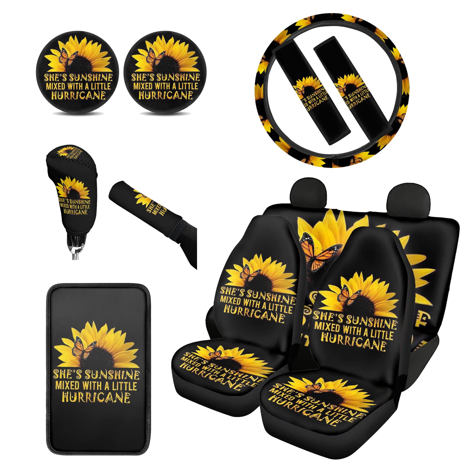 BIGCARJOB Sunflower Car Seat Covers Full Set - 12-Piece Steering Wheel Cover with Seat Belt Pads & Coasters, Universal Fit for Car SUV Van Truck - Perfect Women's Gift & Summer Road Trip Accessories