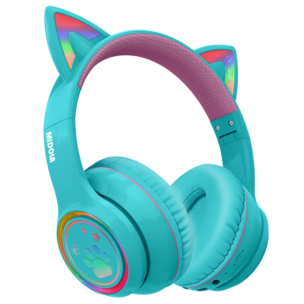 **MIDOLA Cat Ear Wireless Bluetooth Headphones 5.3 with LED Lights - 60H Playtime, Foldable Over-Ear Gaming Headset with Mic for PC, Laptop, Tablet, Phone - Perfect for Gaming, Music & Streaming (Cyan)**
