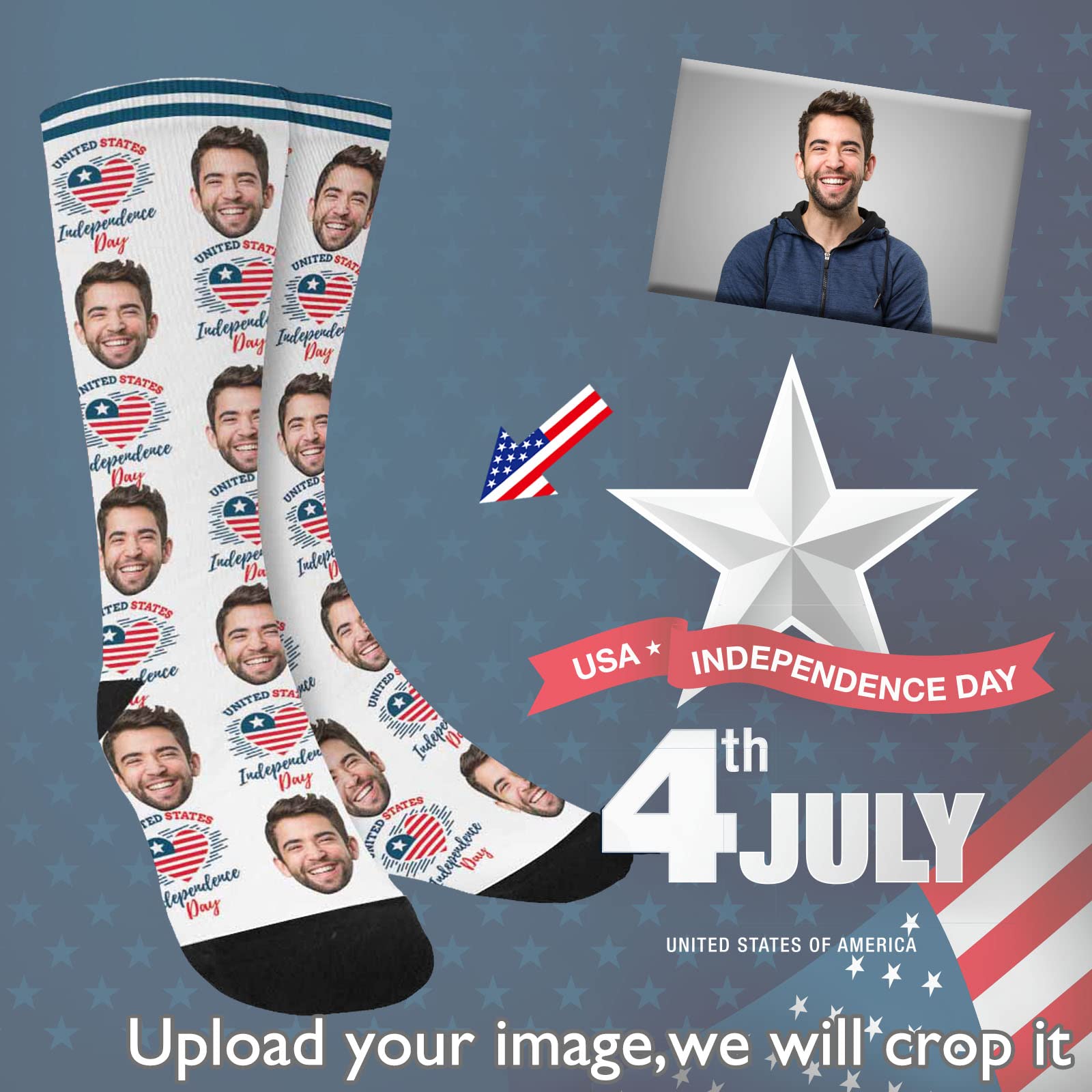 Custom American Flag Socks with Face - Personalized Patriotic Socks for Men & Women - Unisex July 4th Celebration Socks - Perfect for Independence Day, Veterans Day & Patriotic Events