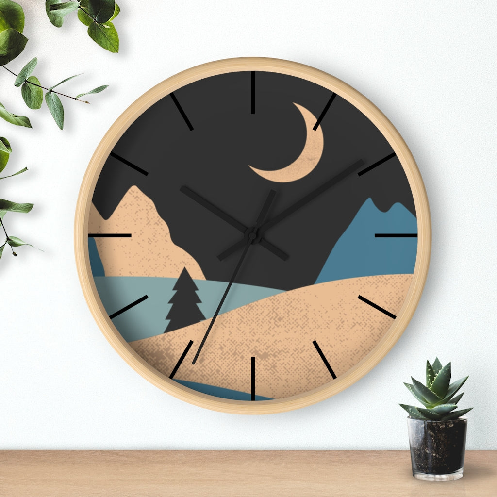 Mountain Night Wooden Wall Clock - Organic Theme Wood & Plexiglass Home Decor - Perfect for Living Room, Bedroom or Office Gift