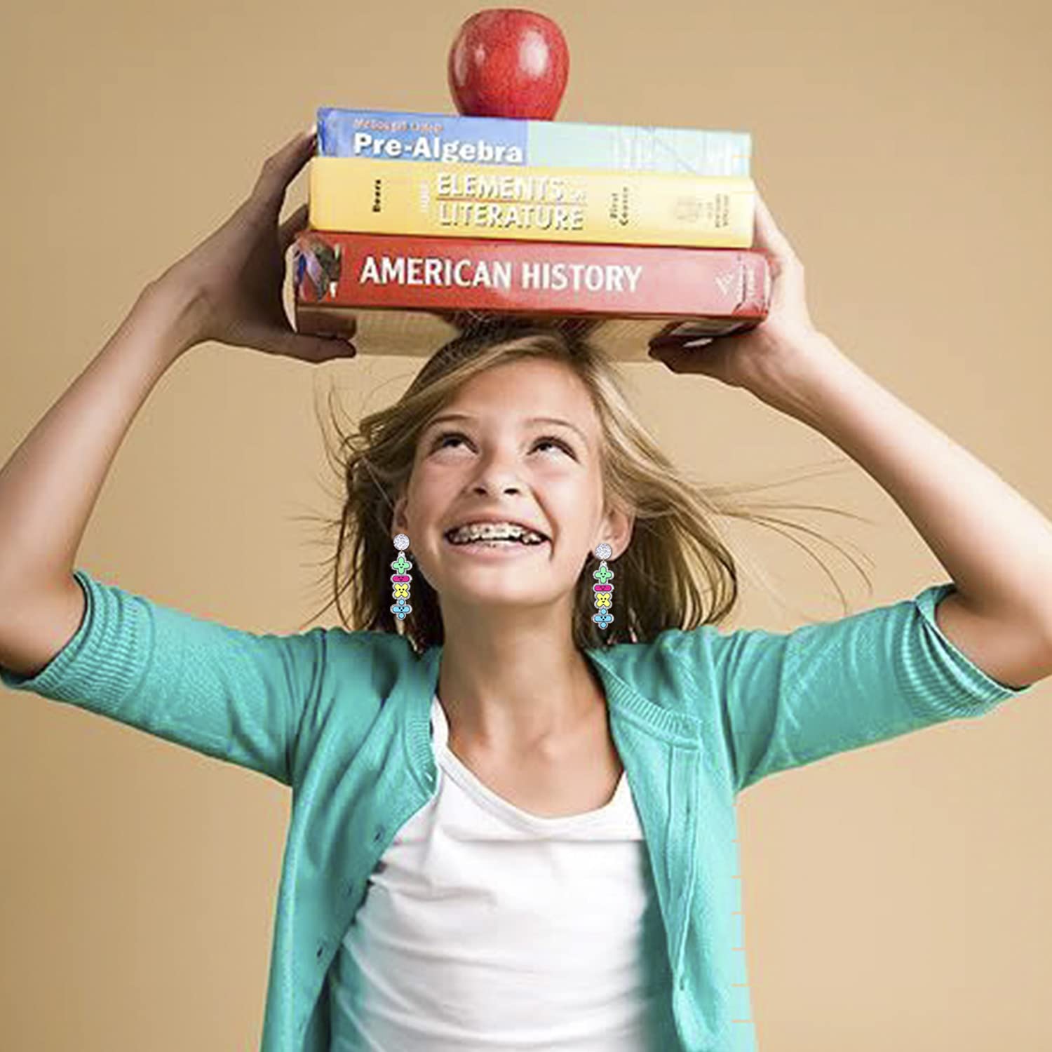 Funny Teacher Earrings for Women - Colorful Acrylic Apple & Books Drop Dangle Earrings - Cute Math Teacher Jewelry - Perfect for Teacher Appreciation Day, Back to School Gifts & Everyday Wear