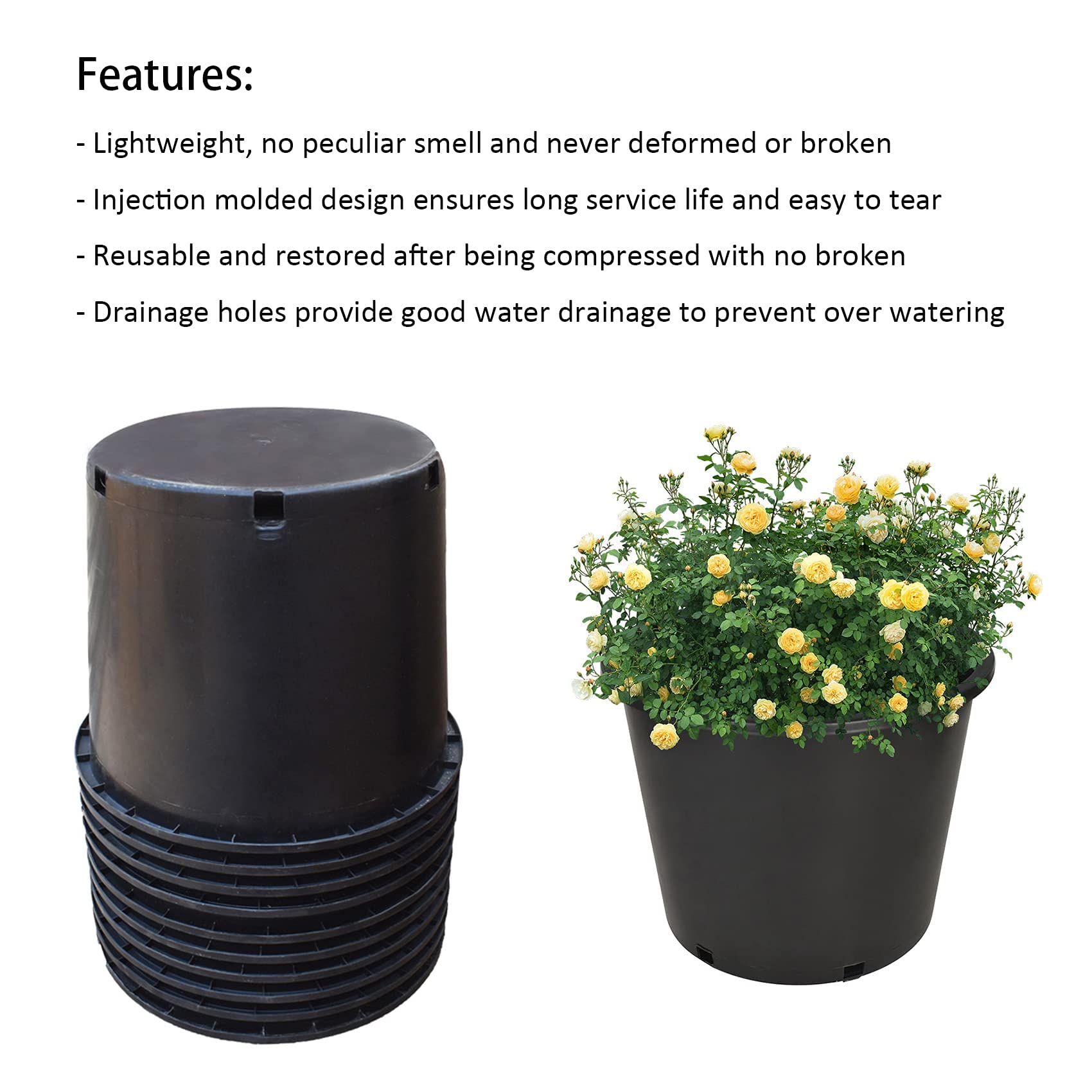10-Pack 10 Gallon Plastic Plant Pots with Drainage Holes - Durable Injection Molded Flower Planters for Indoor & Outdoor Plants, Vegetables, Seedlings - Perfect for Garden, Nursery, Home Decor & Urban Gardening