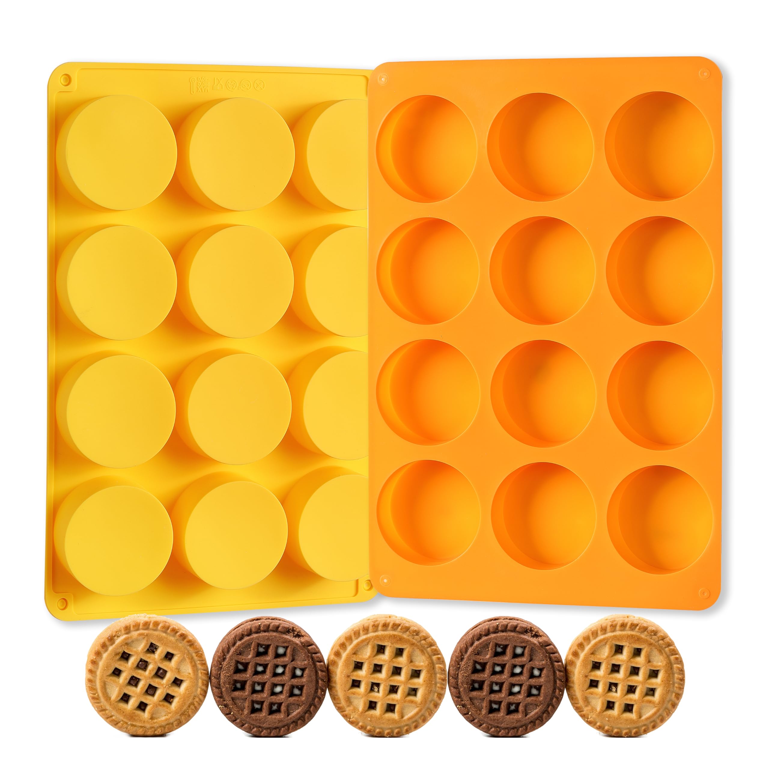 2-Pack Oreo Chocolate Cookie Silicone Molds - 12-Cavity Round Baking Molds for Cookies, Candies, Mini Cakes & Jelly (Orange + Yellow) - Perfect for DIY Desserts, Party Treats & Holiday Baking