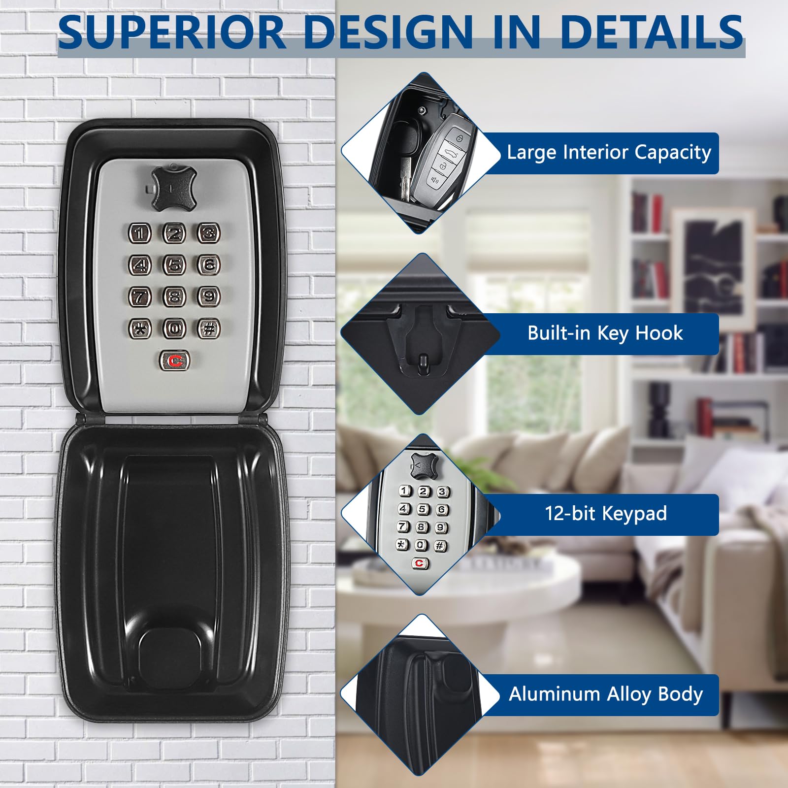 12-Digit Combination Key Lock Box - Waterproof Wall Mounted Security Box for Outdoor Keys | Large Capacity Key Hider for Home, Garage, Office & Warehouse | Perfect for Spare Key Storage, Vacation Rentals & Property Management