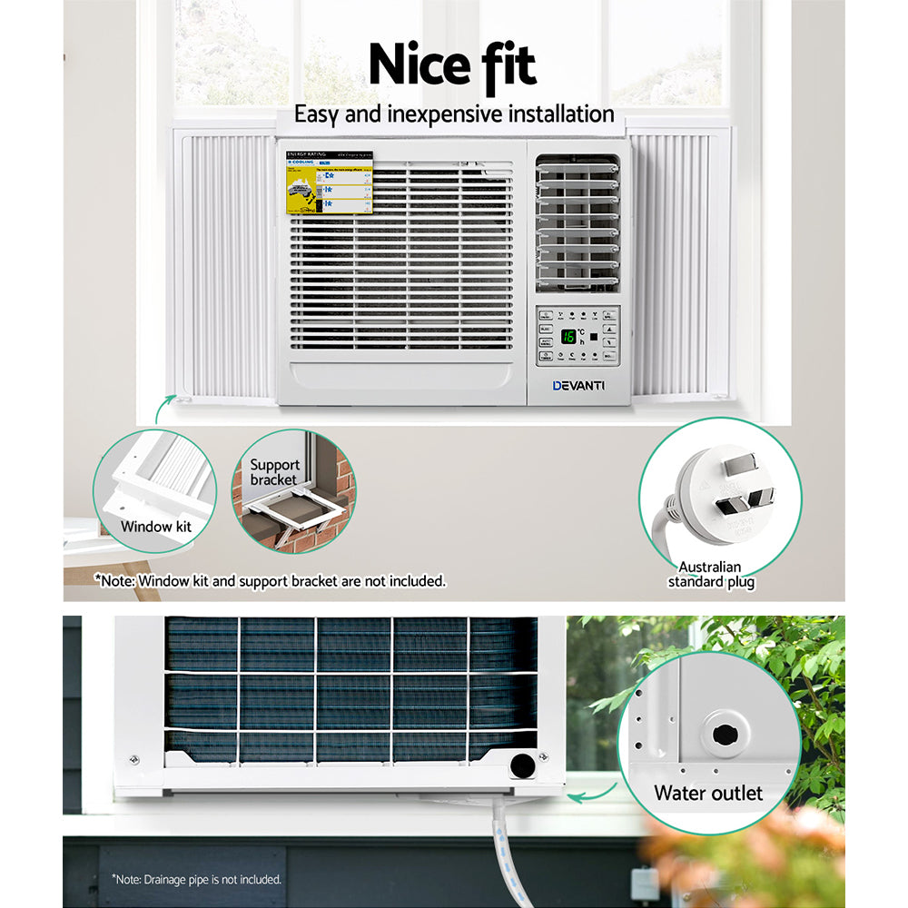 Devanti 6000 BTU Window Air Conditioner - 1.7kW Cooling Power - Energy Efficient AC Unit for Small Rooms (12-15 sqm) - Perfect for Bedrooms, Offices, and Apartments
