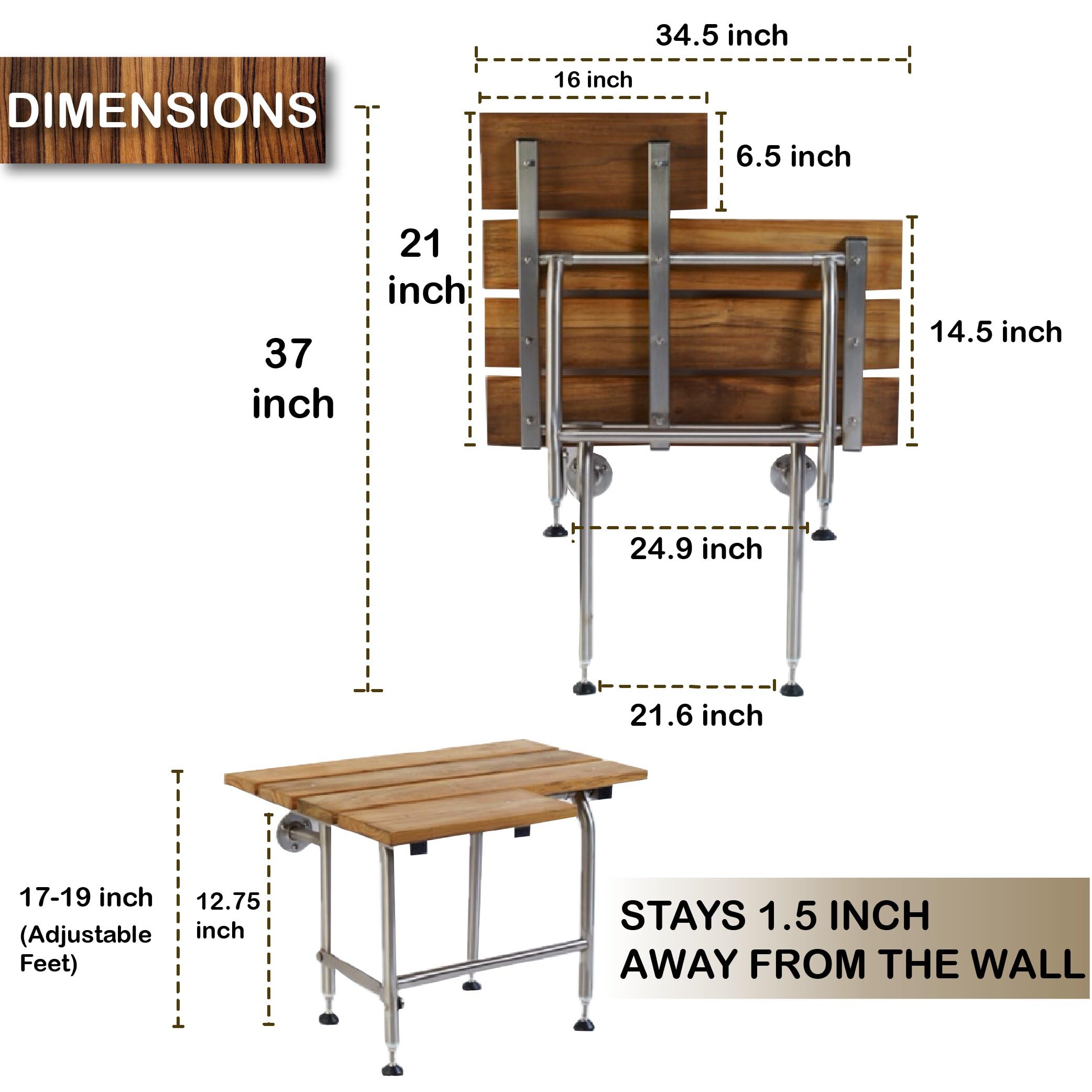 Premium Teak Shower Bench with Sturdy Legs - ADA Compliant Folding Shower Chair for Elderly & Disabled Adults - Wall Mounted Shower Seat Supports 600lbs - 304 Stainless Steel Frame - 34.5