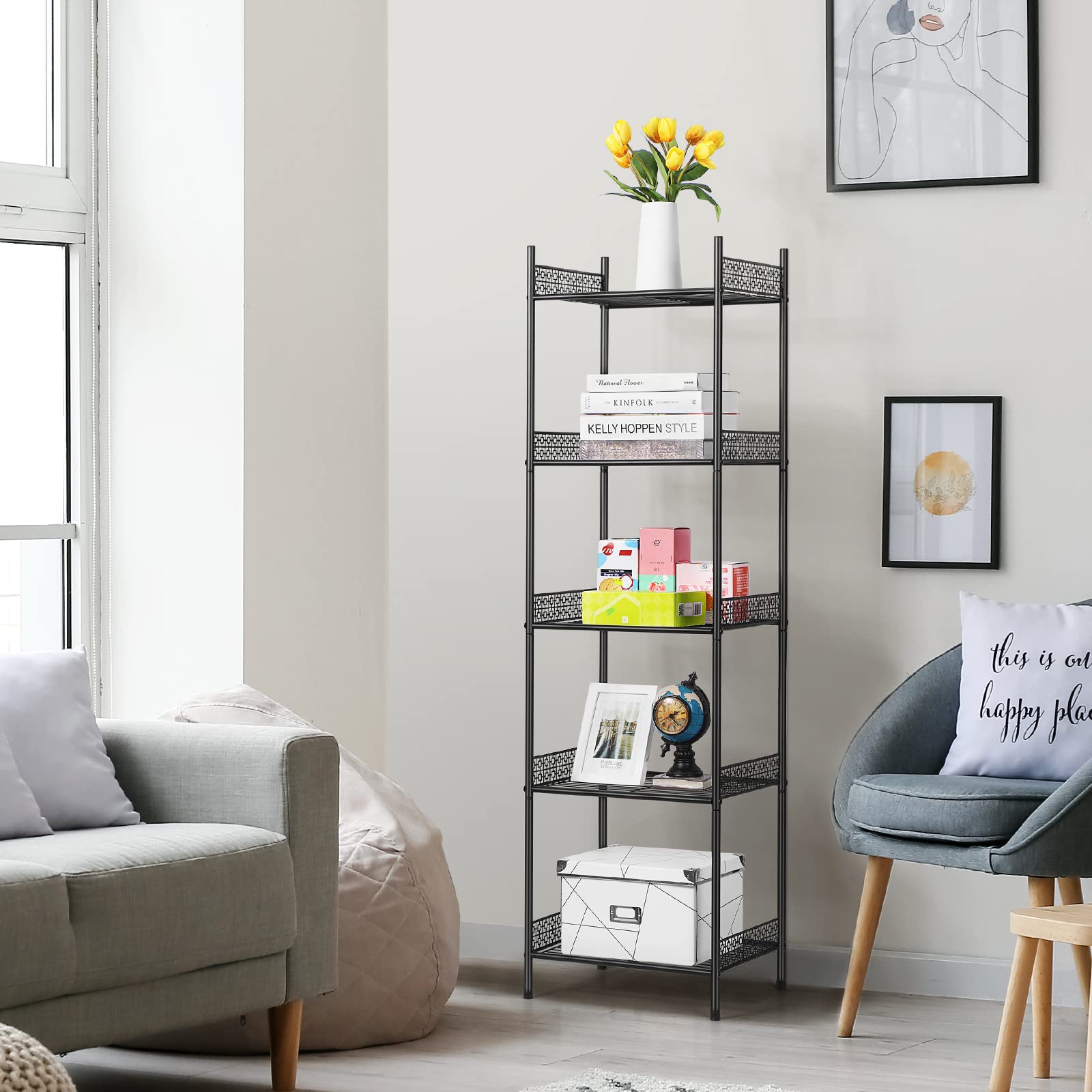 5-Tier Heavy Duty Wire Shelving Unit - Free Standing Bathroom Storage Shelf for Towels, Kitchen, Laundry Organization - Black | Space-Saving Storage Solution for Small Bathrooms, Closets & Garages