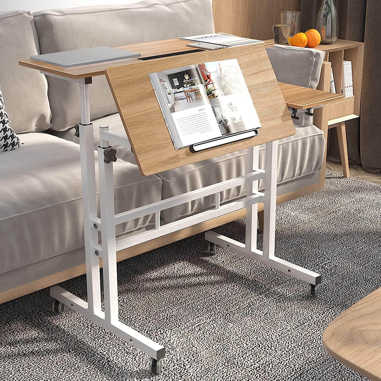 SogesPower Adjustable Laptop Desk for Bed & Sofa - 2-Tier Mobile Computer Stand with Side Table, Oak Finish | Perfect for Home Office, Remote Work & Cozy Workspaces