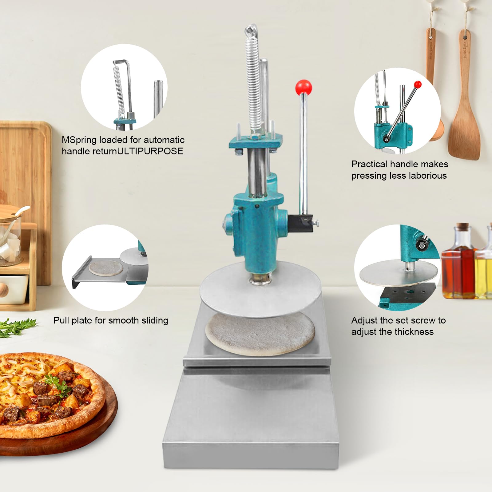 9.5 Inch Stainless Steel Pizza Dough Press - Manual Pastry Dough Sheeter Machine for Homemade Pizza, Flatbread & Pasta | Perfect for Home Kitchens & Pizzerias