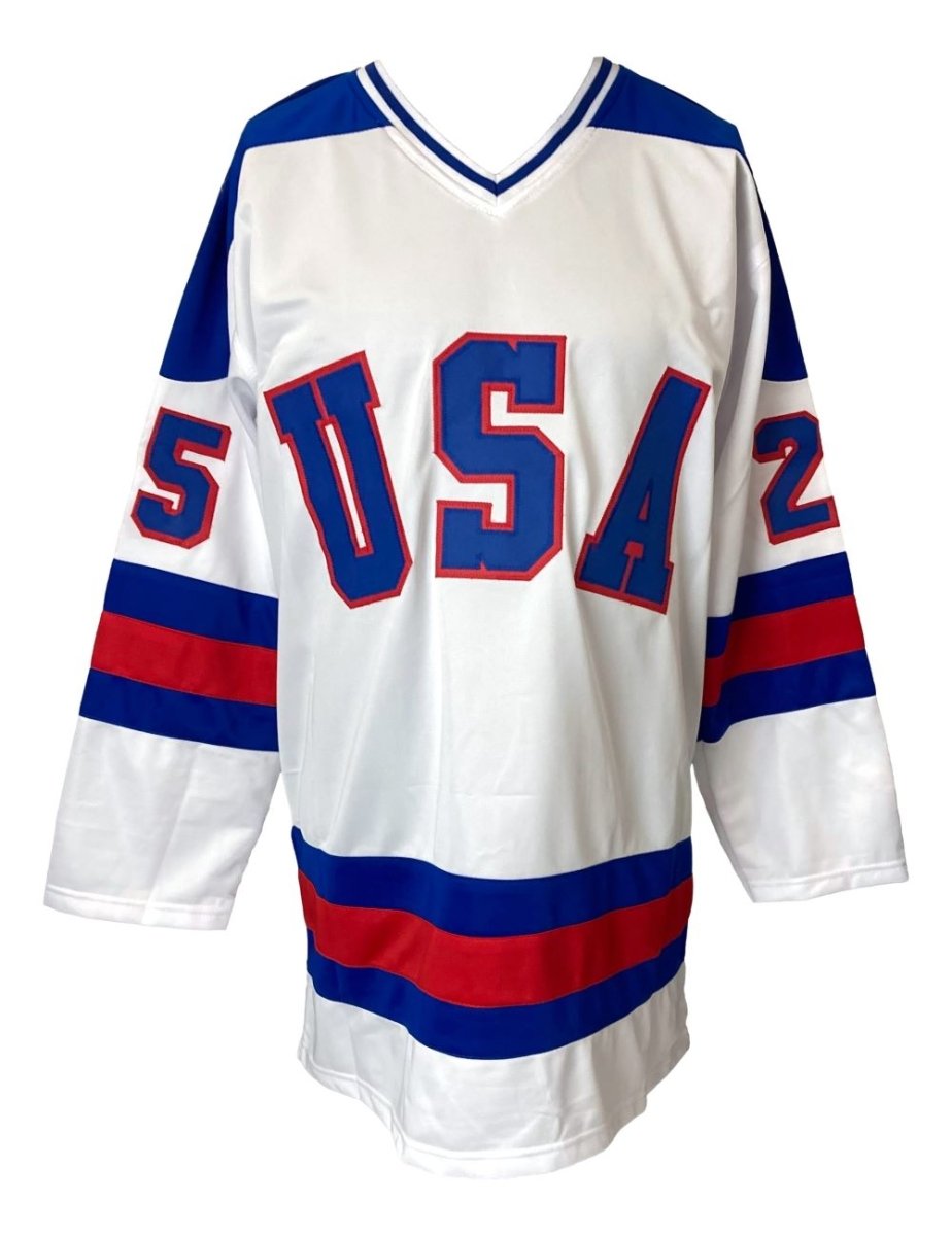 Buzz Schneider USA Signed White Hockey Jersey - Authentic JSA Hologram - Coneheads Inscription - Collectible NHL Memorabilia - Perfect for Sports Fans, Collectors, and Hockey Enthusiasts