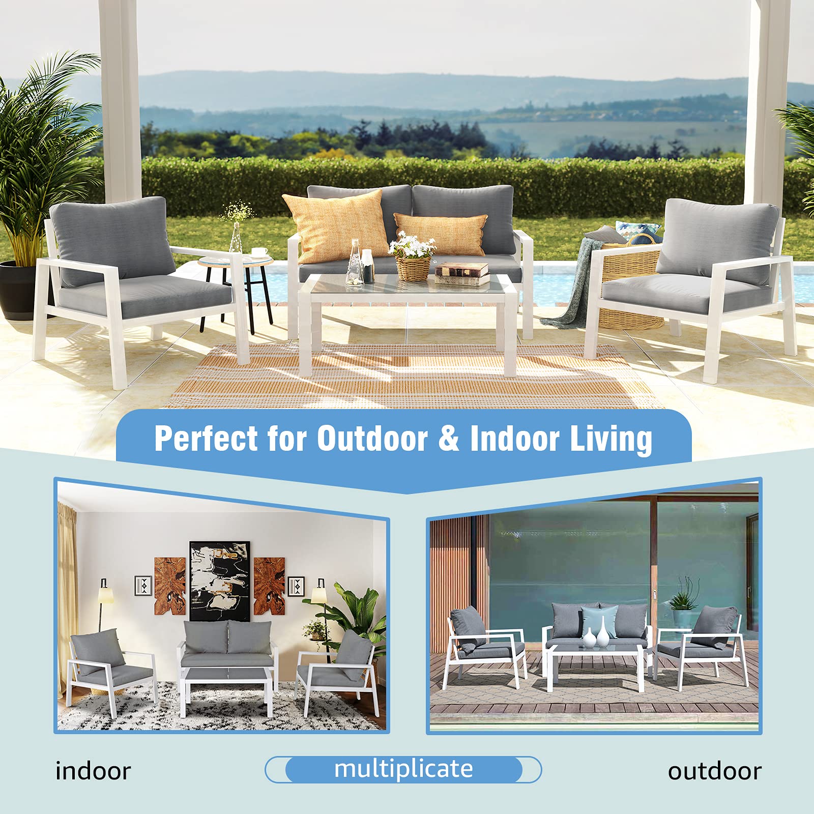4-Piece Aluminum Outdoor Patio Furniture Set with Removable Cushions & Tempered Glass Coffee Table - White Frame & Grey Cushions for Garden, Poolside, or Backyard Relaxation