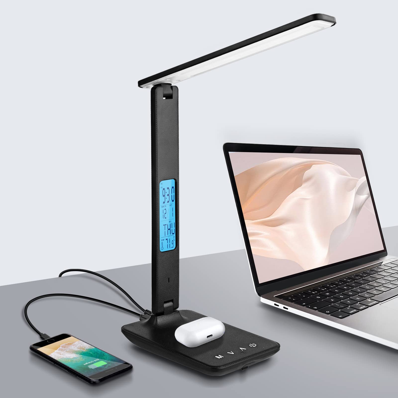 LAOPOO LED Desk Lamp with Wireless Charger & USB Port - Adjustable Brightness, Built-in Digital Clock - Perfect for Home Office, Study Room, College Dorm (Reading, Working, Night Light)