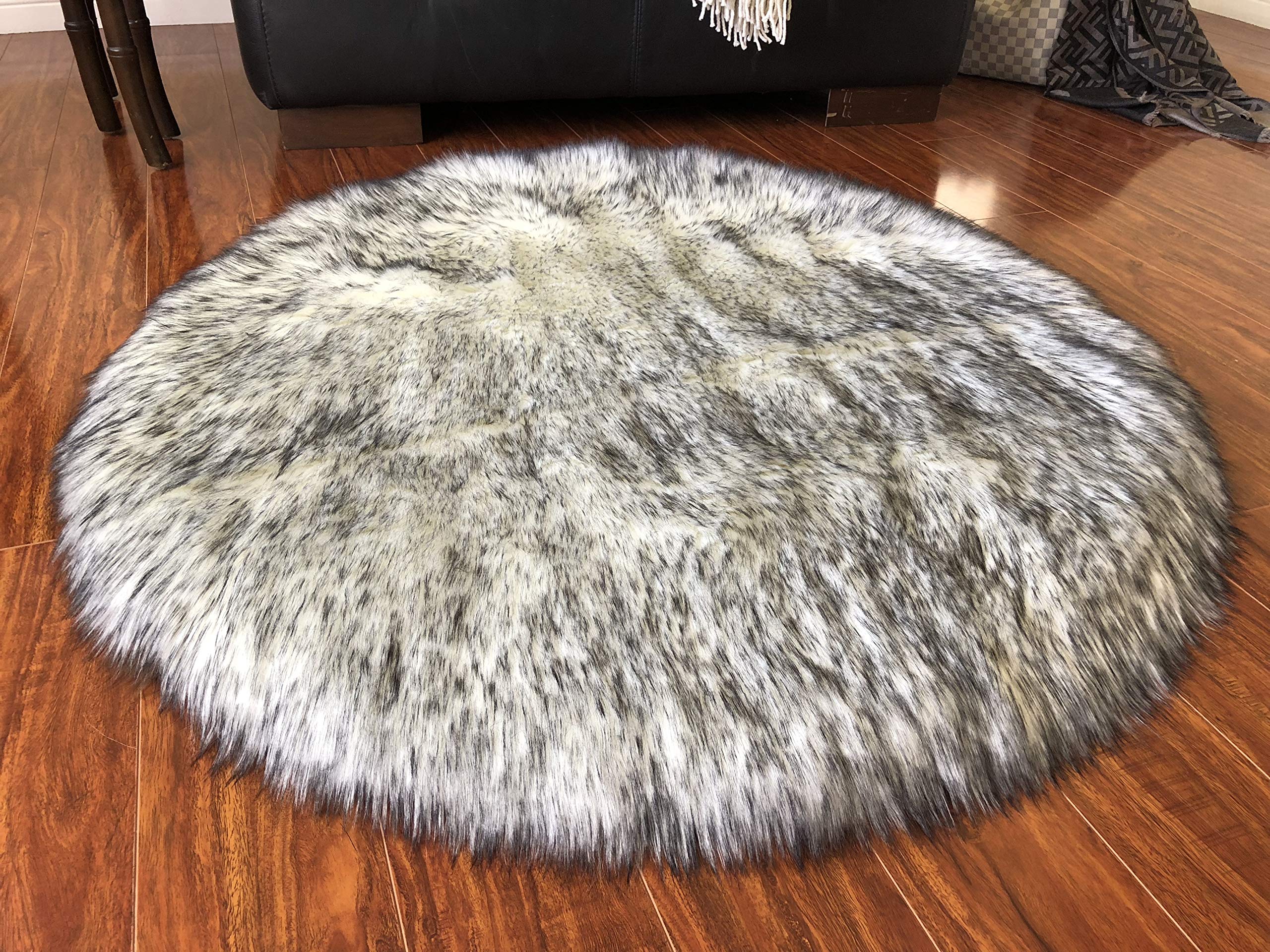 LAMBZY Faux Sheepskin Rug - Super Soft Hypoallergenic Plush Fur Carpet for Bedroom, Living Room, Nursery | Luxury Shaggy Round Floor Mat (3ft/90cm, White with Black Tips) - Perfect for Cozy Home Decor, Kids Play Area & Sofa Accent