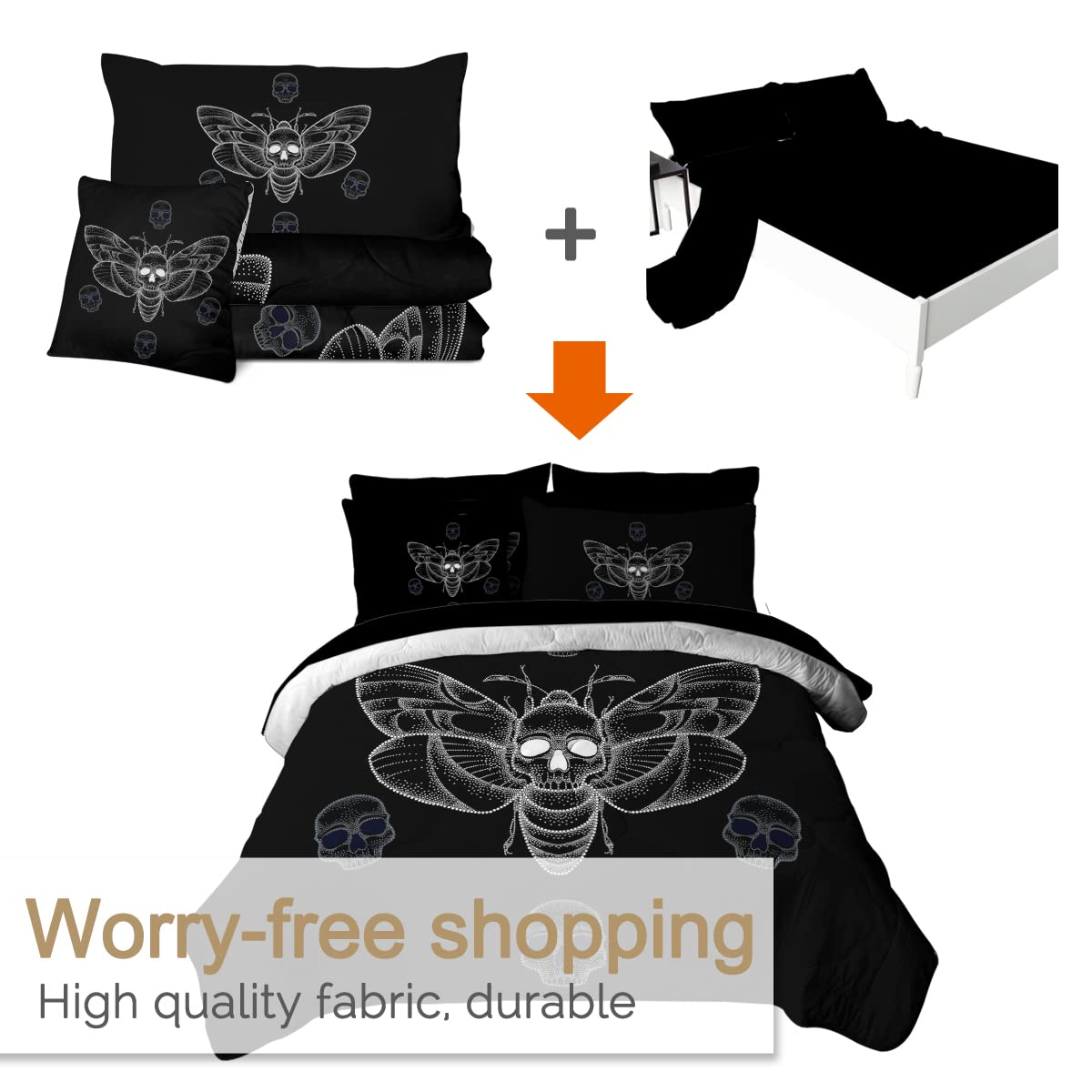 **BlessLiving Death Moth King Size Bedding Set – Gothic Hawk Moth Skull Design in Black & White, 8-Piece Halloween Comforter Set with Sheets for Boys & Teens, Perfect for Spooky Bedrooms & Themed Decor**