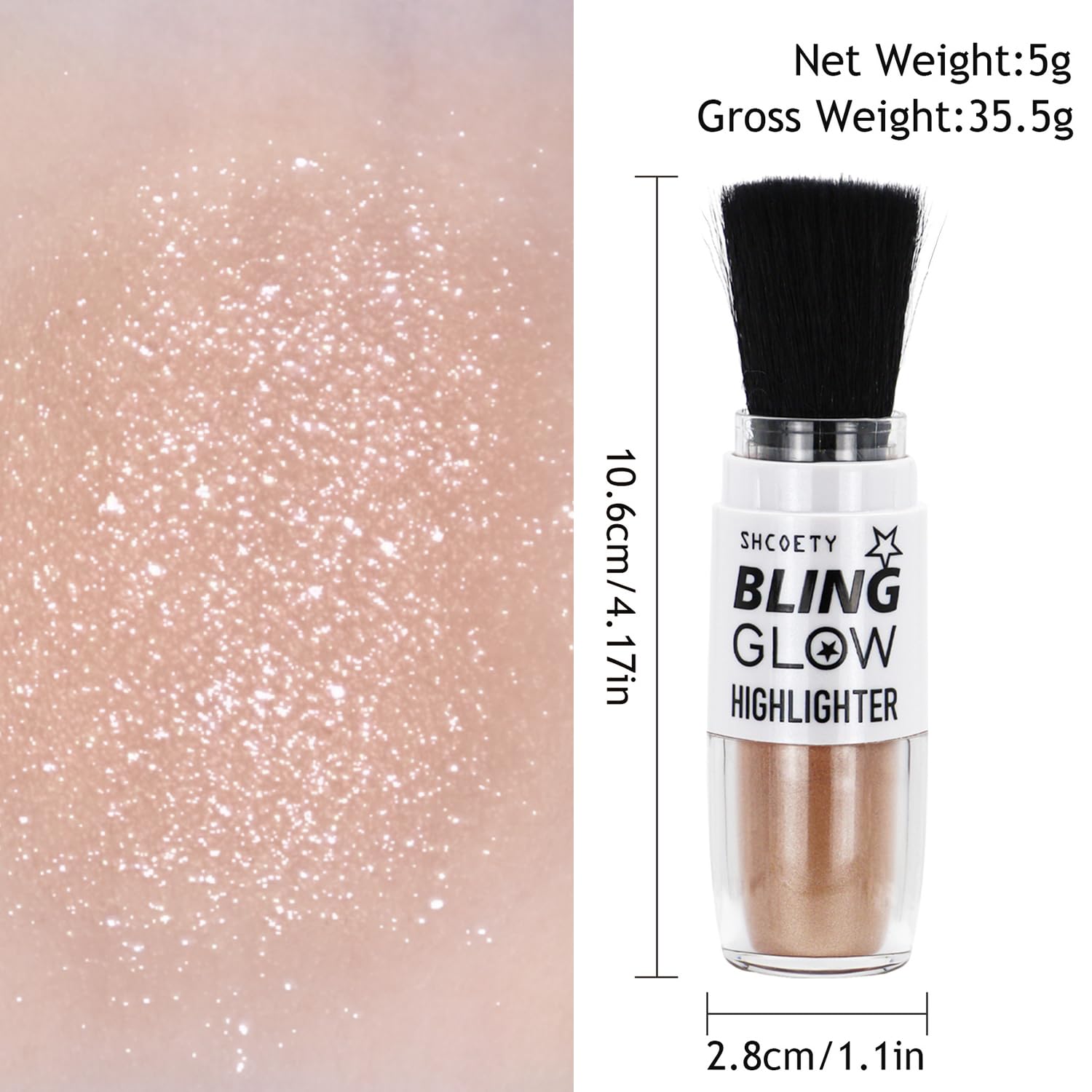 Glitter Powder Highlighter Makeup - Shimmer Body Glitter Brush for Face, Lips & Body | 3D Brightening Blusher & Natural Glow Enhancer | Perfect for Parties, Festivals & Night Out (Champagne #03)