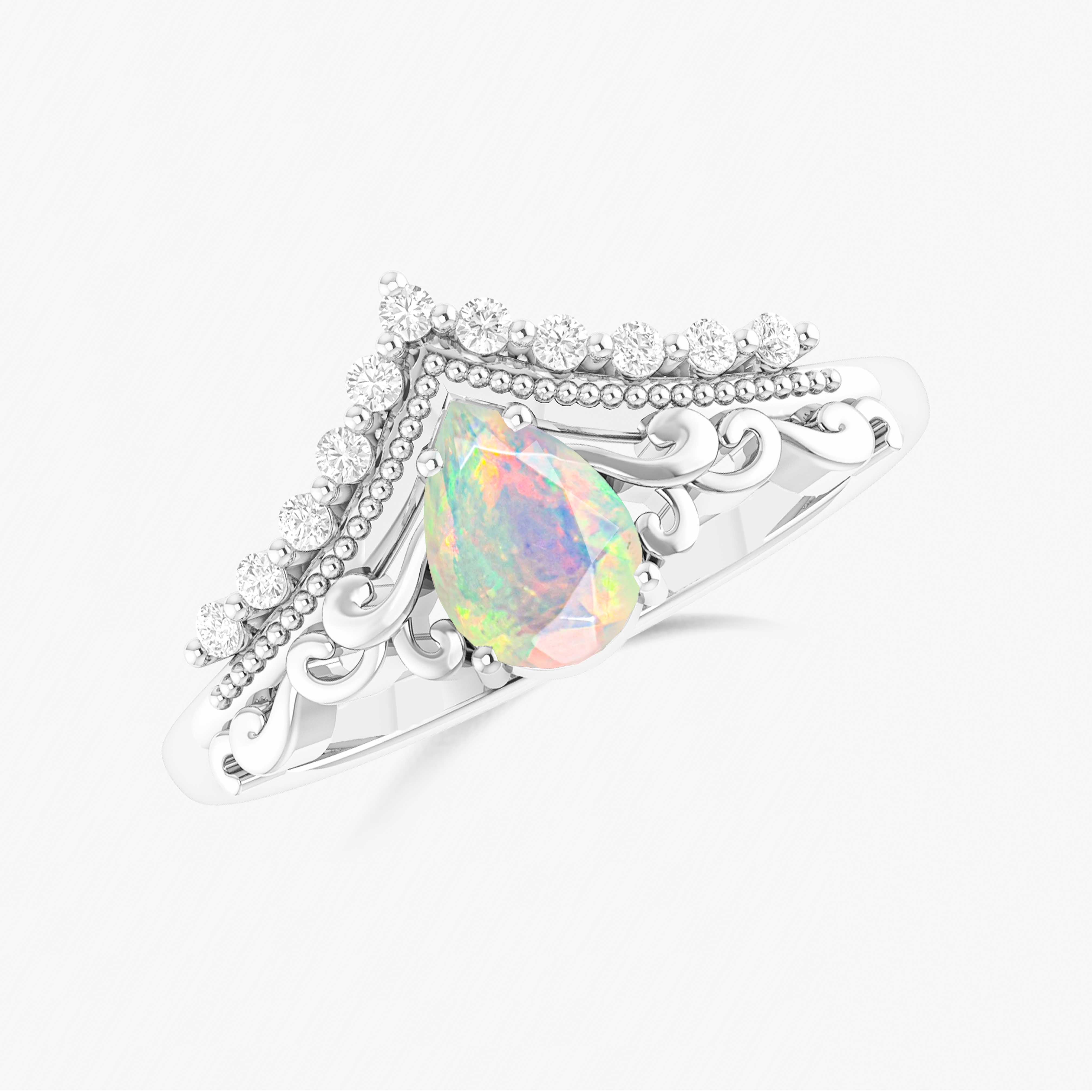 White Ethiopian Opal Gemstone Crown Style Ring – Elegant Silver Jewelry for Women, Perfect for Weddings, Parties & Special Occasions