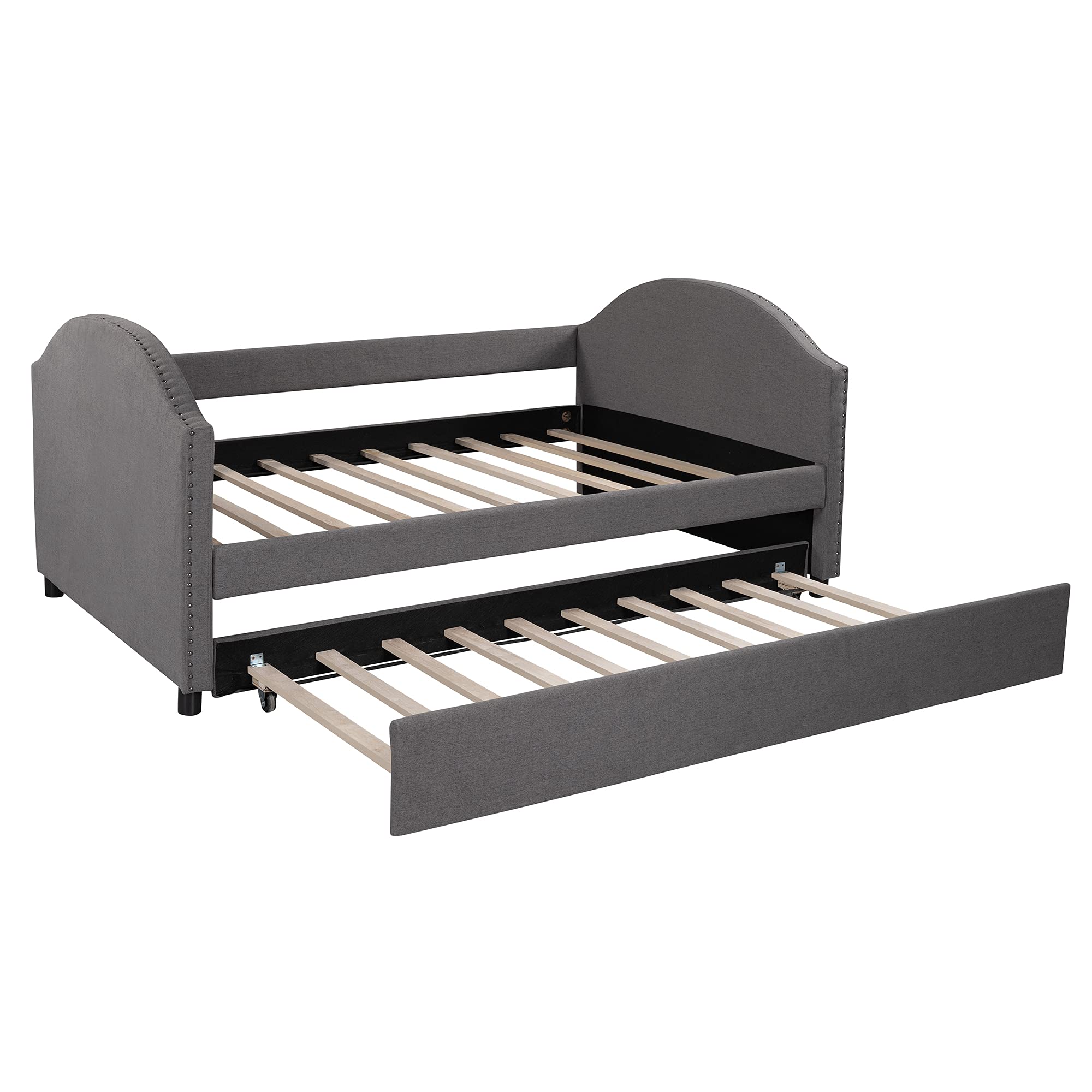 Full Size Upholstered Sofa Bed with Wood Frame & Trundle - 10-Slat Support System in Gray | Perfect for Guest Rooms, Small Apartments & Multi-Functional Living Spaces
