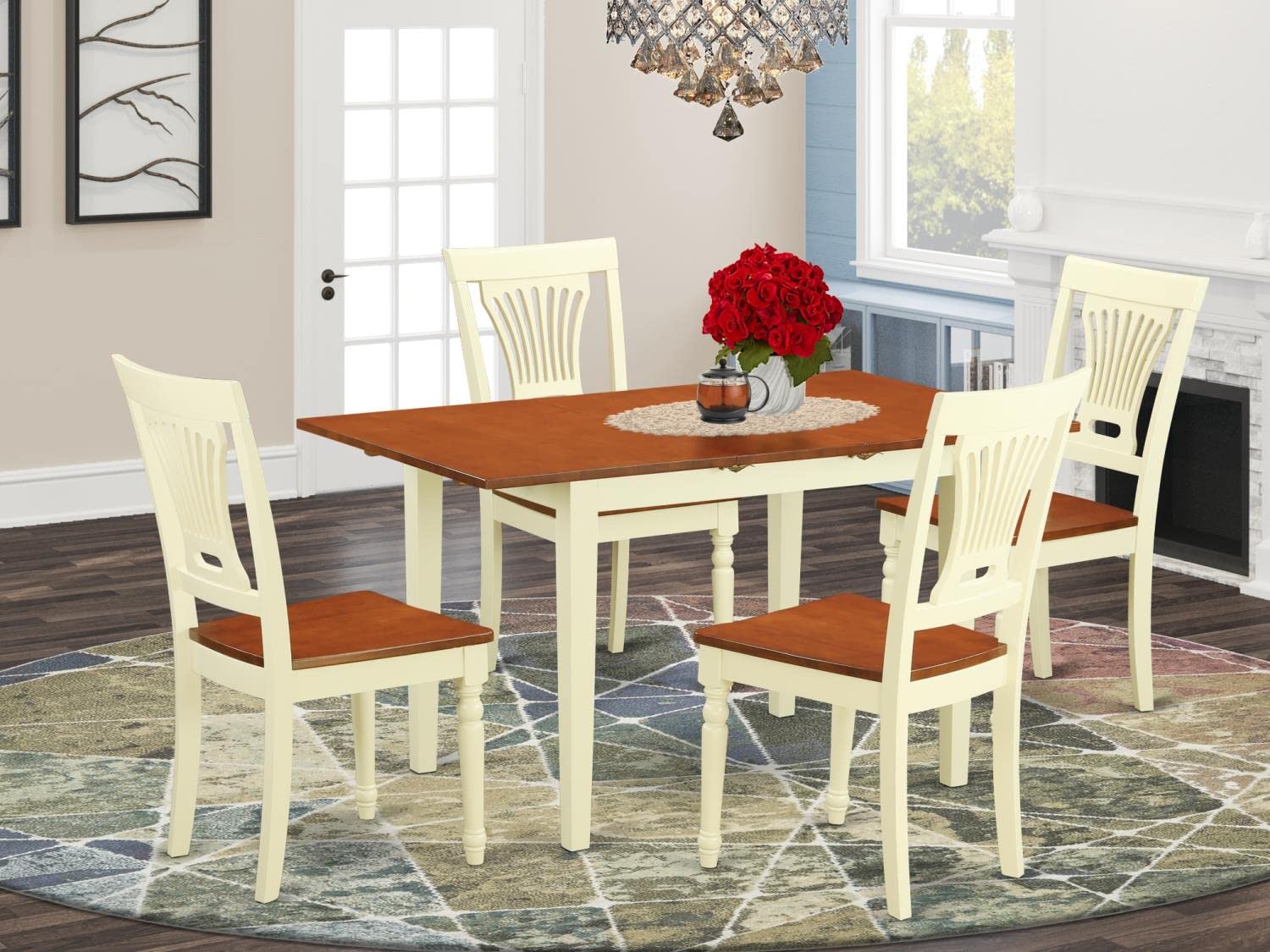 Modern 5-Piece Dining Table Set with Butterfly Leaf & 4 Chairs - 32x54 Inch Rectangle Wooden Table in Buttermilk & Cherry - Perfect for Small Spaces, Family Meals & Dinner Parties - East West Furniture NOPL5-WHI-W