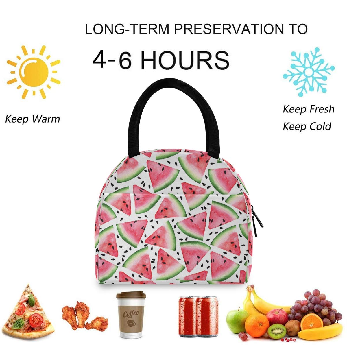 Insulated Reusable Lunch Tote Bag with Front Pocket & Zipper Closure - Cute Watermelon Design Cooler Container for Men & Women - Perfect for Work, Picnic, Travel, Beach & Fishing Trips