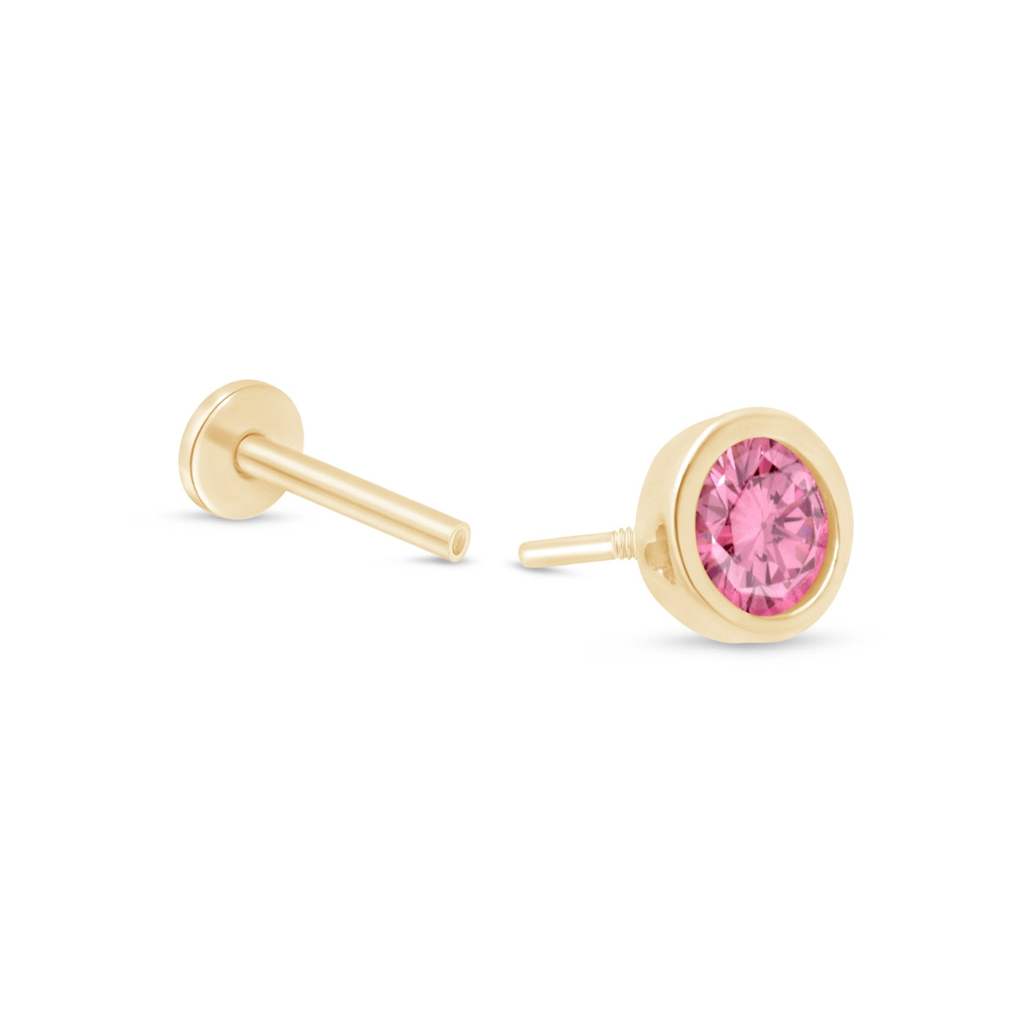 14K Yellow Gold Round Pink Tourmaline Stud Earrings - Bezel Set Flat Back Earrings for Women, Perfect for Everyday Wear & Special Occasions