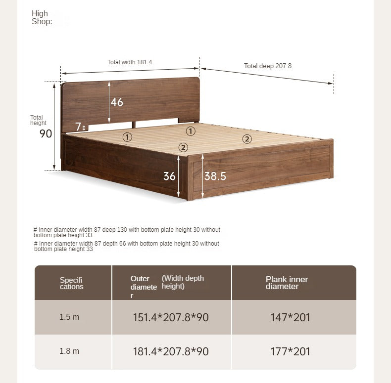 Premium Black Walnut & Oak Solid Wood Bed Frame - Modern Platform Bed for Master Bedroom, Guest Room, or Dormitory