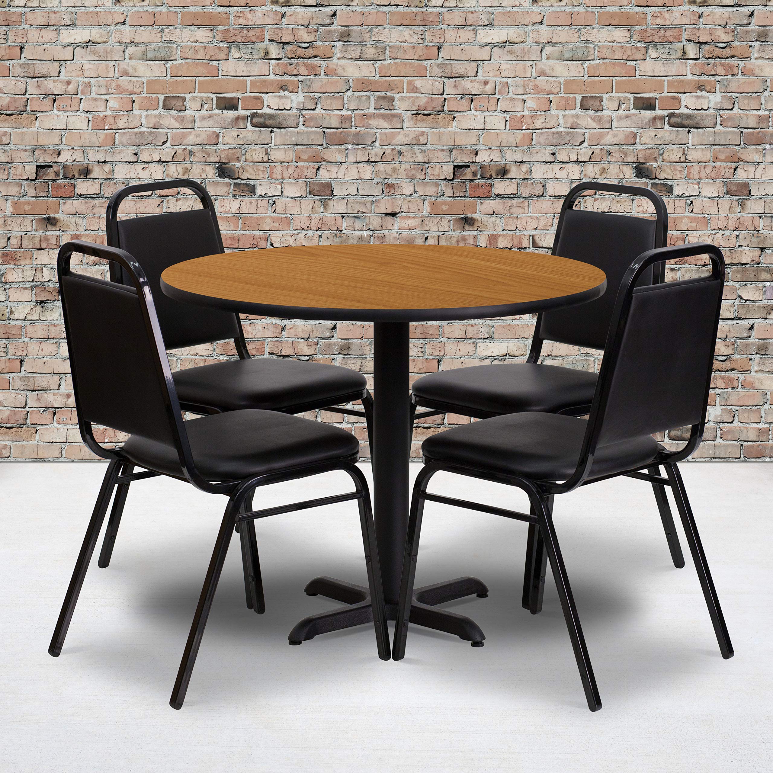 Flash Furniture Carlton 36-Inch Round Natural Laminate Dining Table with X-Base & 4 Black Trapezoidal Back Banquet Chairs - Perfect for Kitchen, Dining Room, Restaurant, and Banquet Hall Settings
