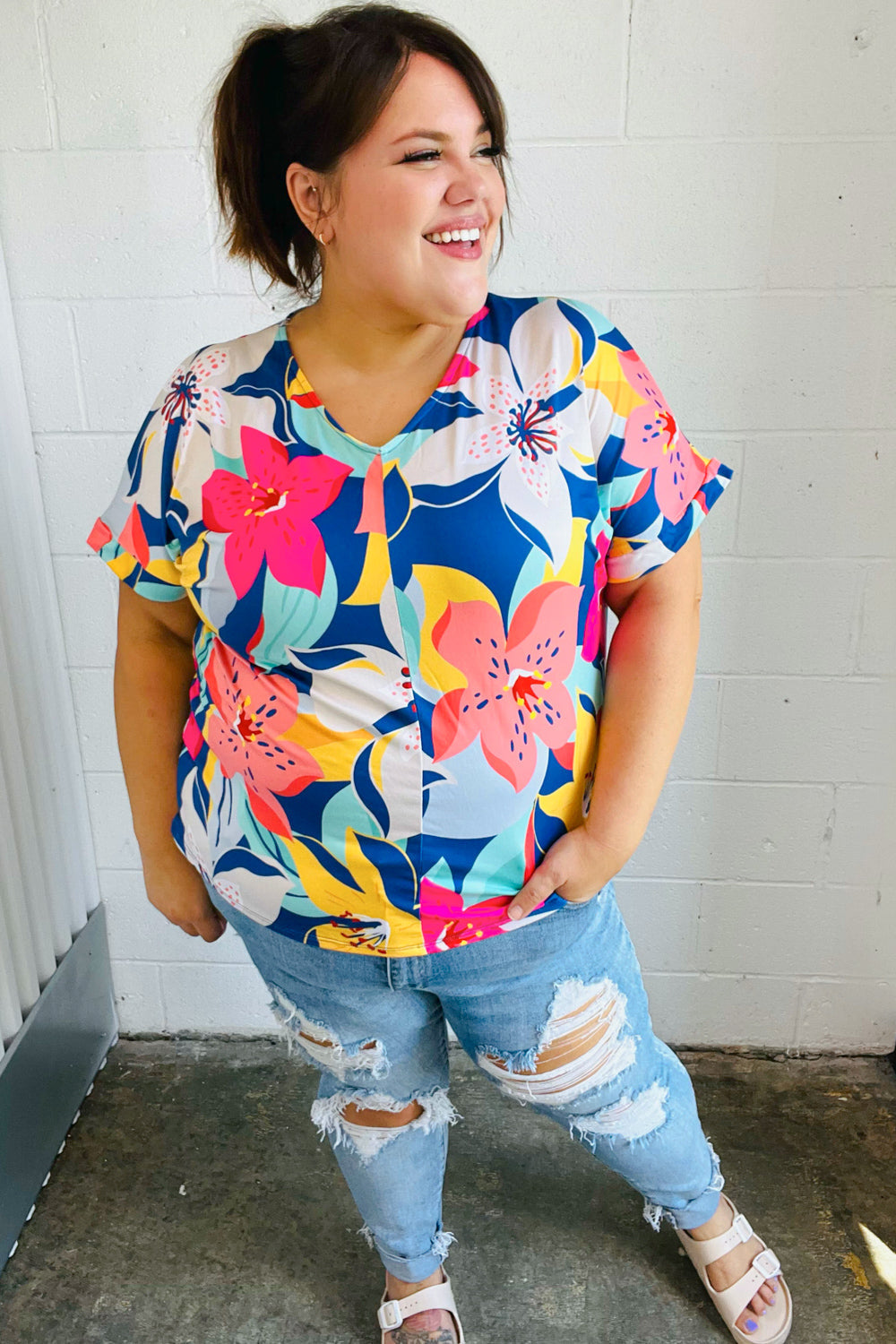 Navy & Yellow Tropical Floral V-Neck Blouse for Women - Summer Beach Vacation Outfit, Casual Boho Chic Top for Parties & Date Nights