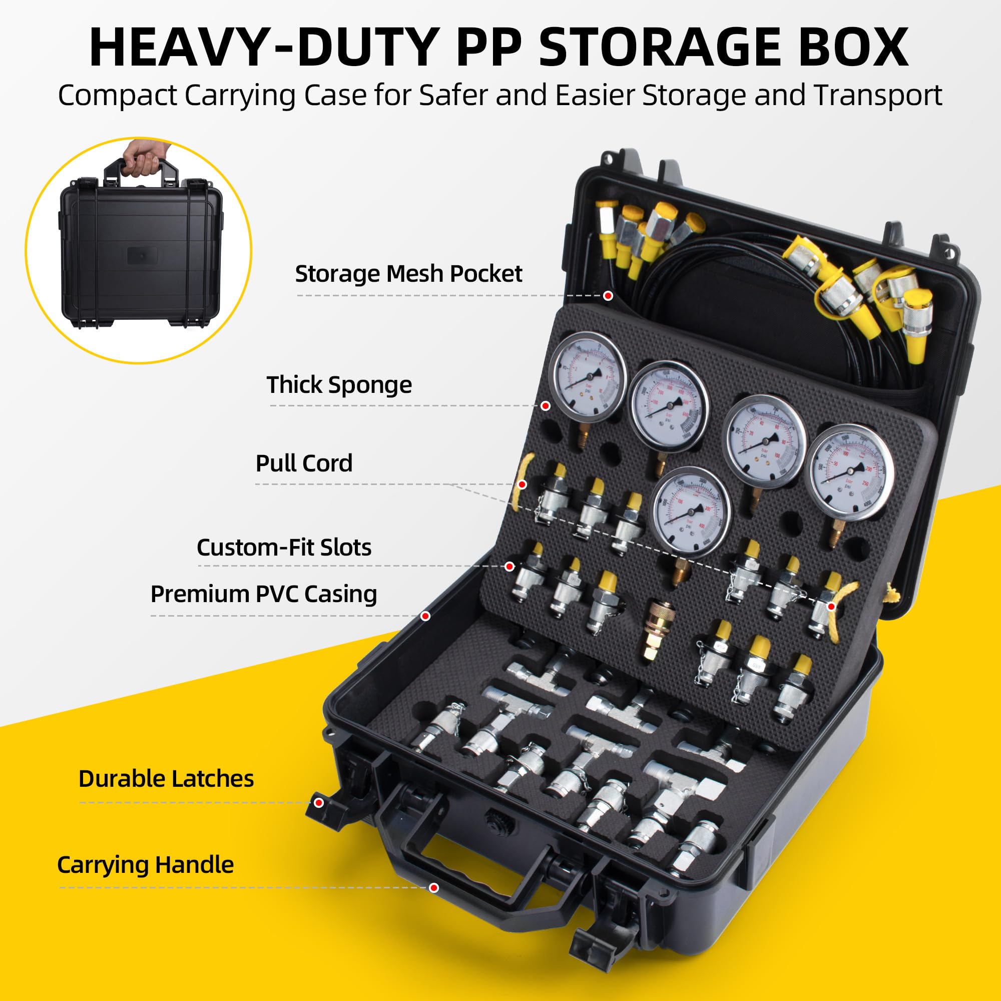 Hydraulic Pressure Test Kit with 5 Gauges (Max 10000 PSI) - 13 Test Couplings, 14 Tee Connectors & 5 Test Hoses - Professional Hydraulic Nitrogen Gauge Tester Set for Excavators, Construction Equipment, Heavy Machinery & Mining Operations - Ideal for Hydraulic System Maintenance, Pressure Testing & Equipment Diagnostics
