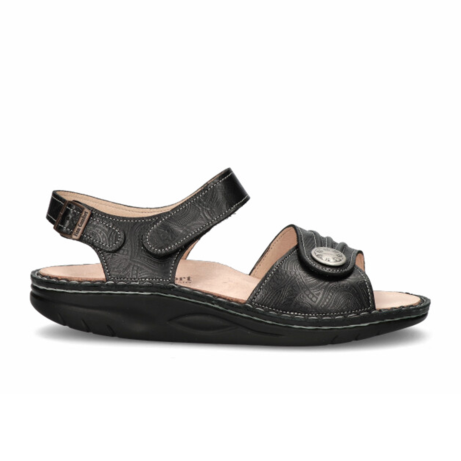 Finn Comfort Sausalito Women's Backstrap Sandals - Black Arabesque | Premium Comfort Footwear for Walking, Travel & Casual Outfits