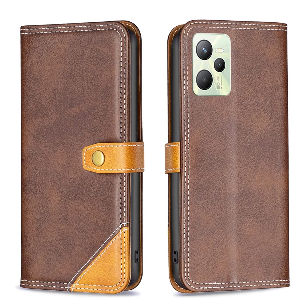 Oppo Realme C35 Wallet Phone Case - Magnetic Flip Stand Protective Cover with Card Slot | Brown | Perfect for Daily Use, Travel & Hands-Free Viewing