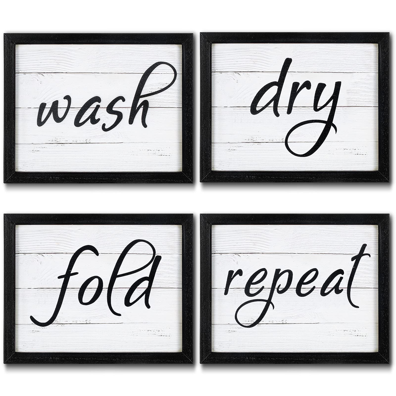 4-Piece Funny Laundry Room Wall Art Set - Wash, Dry, Fold, Repeat Signs - Rustic Farmhouse Wooden Decor for Home, Laundry & Bathroom - 10x8 Inch Black Framed Hanging Signs - Perfect for Laundry Room Decor & Housewarming Gifts