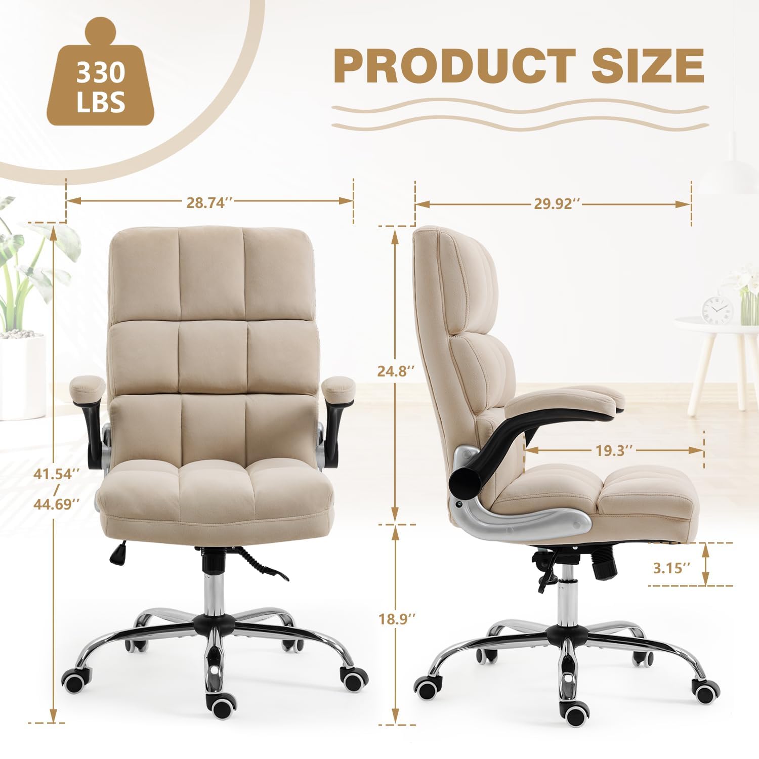 Premium Velvet Ergonomic Office Chair - ECOTOUGE High Back Executive Desk Chair with Adjustable Tilt & Flip-Up Arms, Comfortable Computer Chair for Home & Office Workspace (Beige) - Ideal for Long Hours Sitting, Gaming & Remote Work