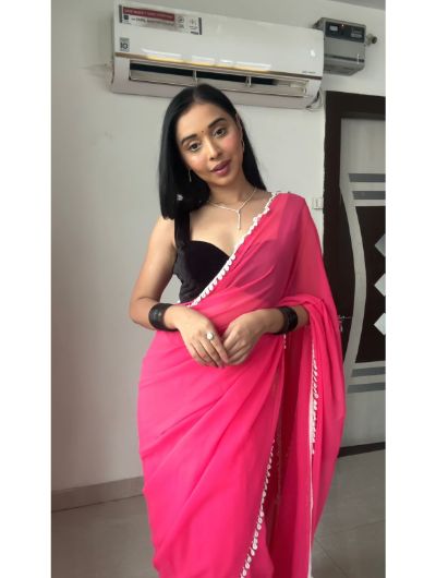 1 Minute Ready to Wear Pink Georgette Saree - Elegant Indian Traditional Sari for Weddings, Parties & Festive Occasions