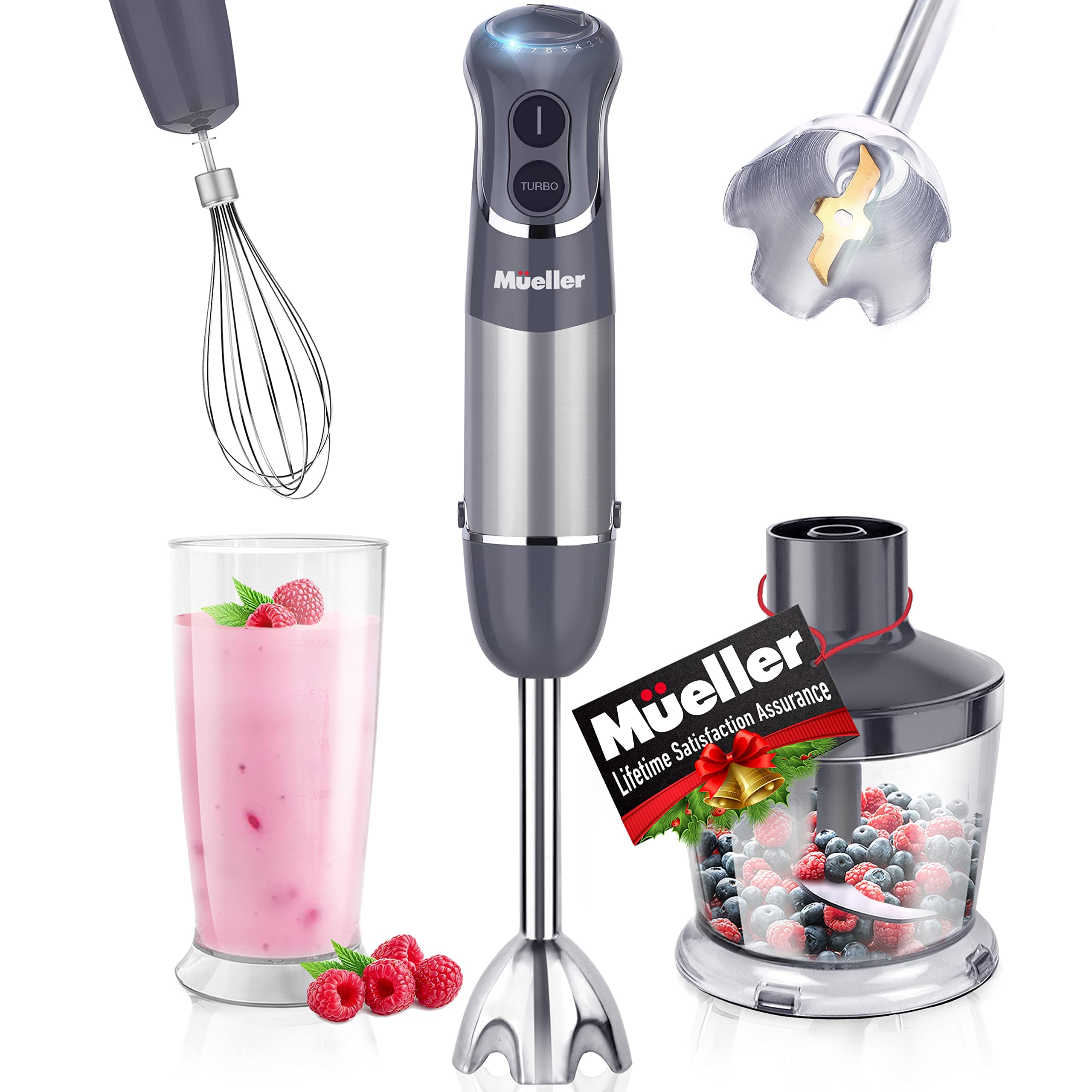 Mueller 800W 4-in-1 Immersion Blender Hand Mixer - 12 Speed with Turbo Boost, Heavy Duty Copper Motor & Titanium Blades, Includes Milk Frother, Whisk, Beaker & Chopper - Perfect for Smoothies, Soups, Sauces & Baking (Grey)