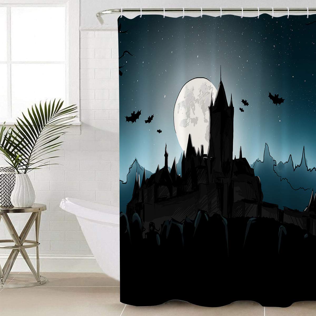 Waterproof Halloween Shower Curtain - Horror Castle Moon Night Design for Bathroom & Bathtub - 72x78 Inch Shower Curtain Set with Hooks - Perfect for Spooky Home Decor & Halloween Party Decorations