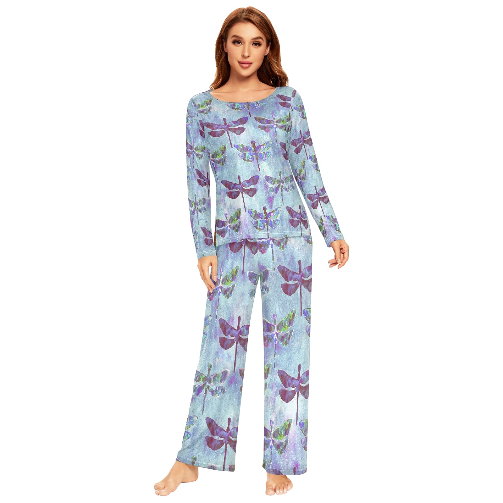 ALAZA Women's Dragonfly Watercolor Pajama Set - Soft 2-Piece Long Sleeve Sleepwear & Lounge Outfit for Cozy Nights, Relaxing at Home, and Gift Giving