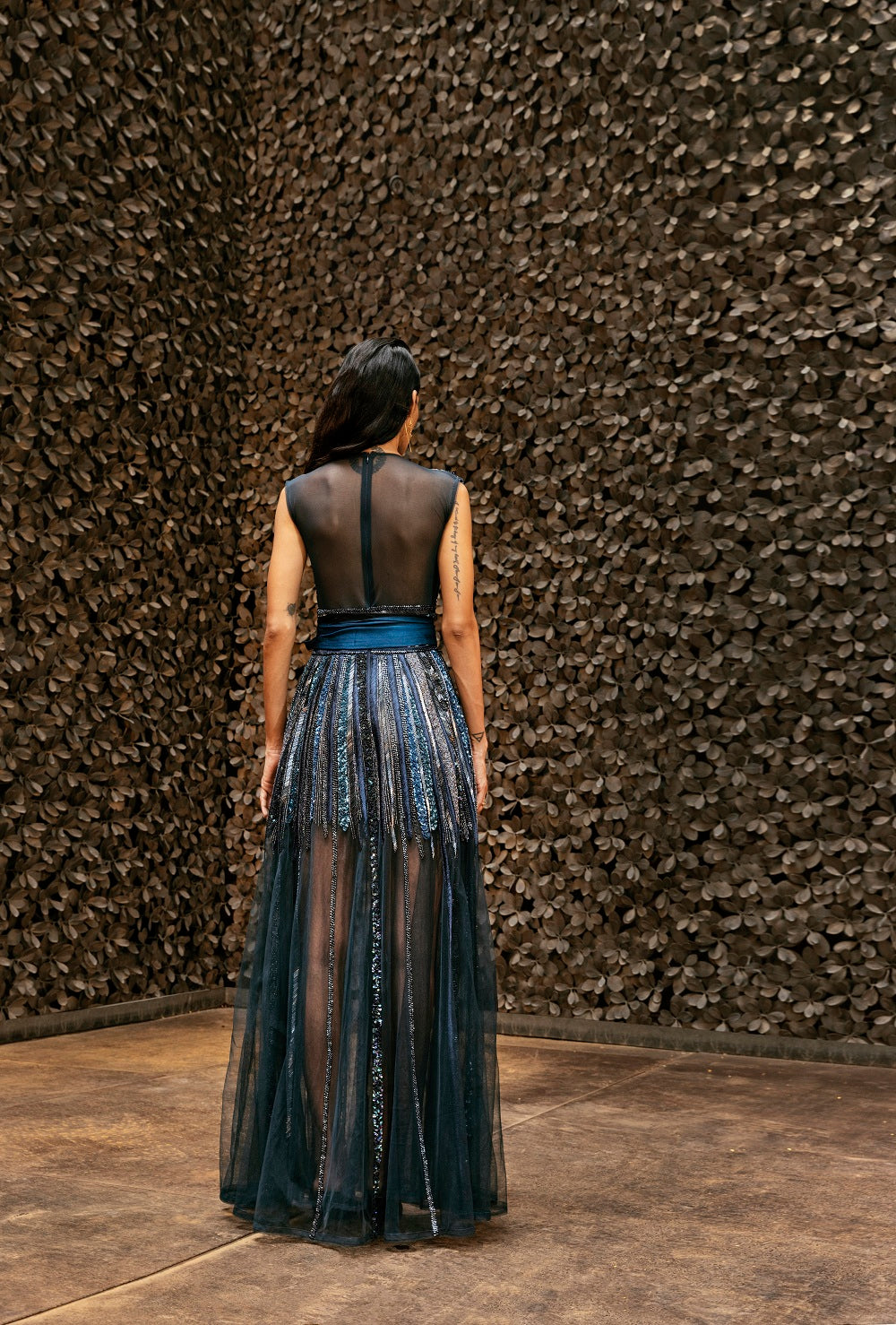 Elegant Midnight Blue Tulle Dress with Hand-Embroidered Baroque Metallic Details & Gemstones - Perfect for Evening Galas, Prom Nights, and Special Occasions