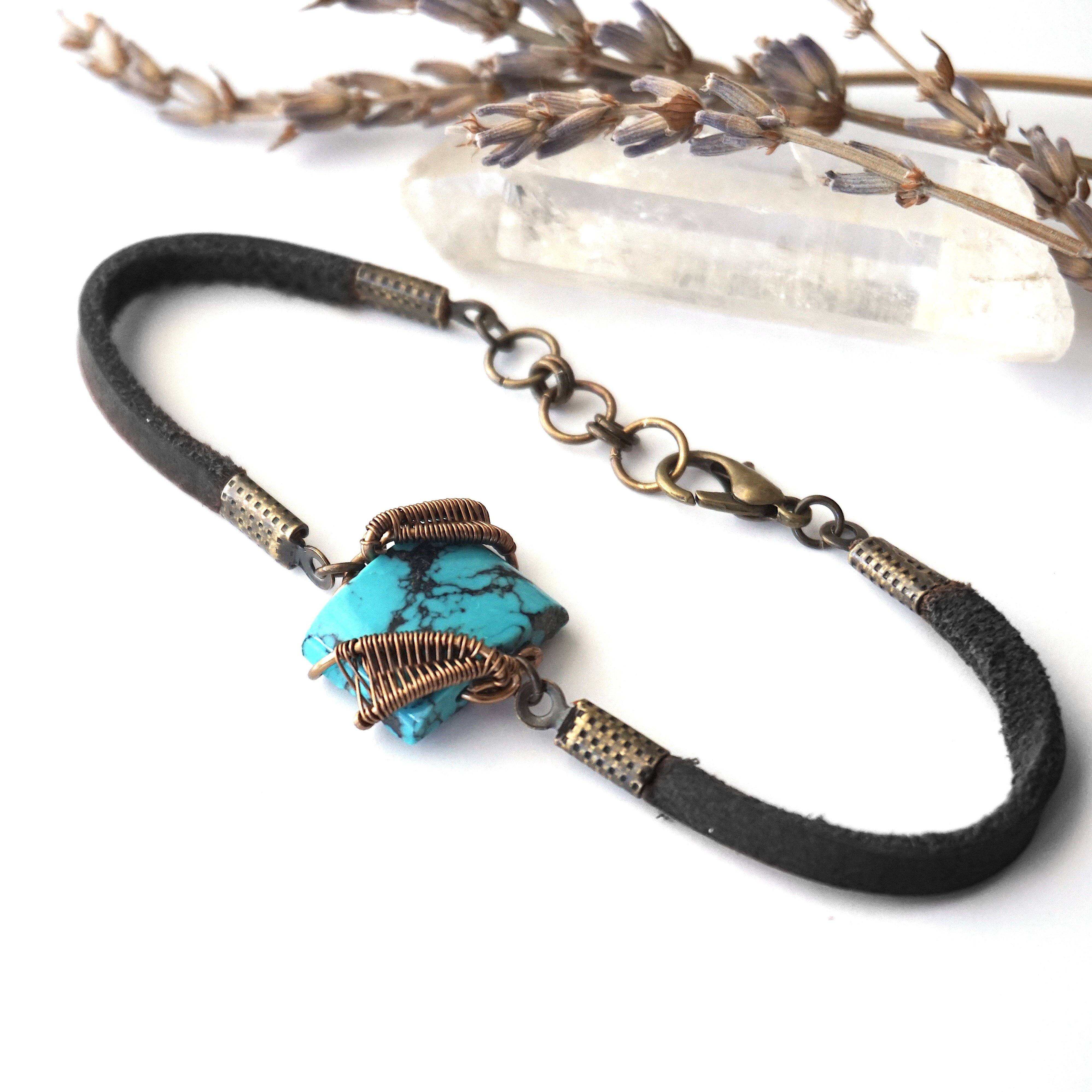Turquoise Leather Bracelet - Adjustable Handmade Beaded Bracelet for Women - Black or Brown Leather - Boho Jewelry for Everyday Wear & Gift Giving