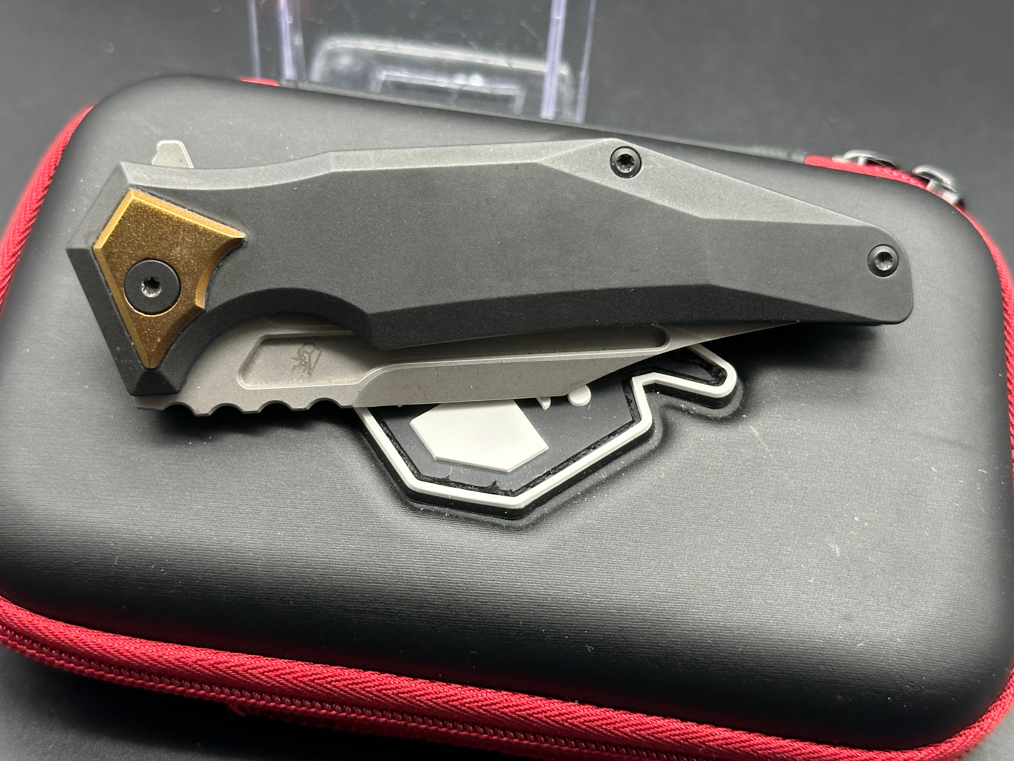 Arcane Design Abyss Custom Charcoal Grey Titanium Frame Knife with Bronze Anodized Bolster & Stonewash Bohler M390 Blade - EDC, Outdoor, Camping, Survival Gear