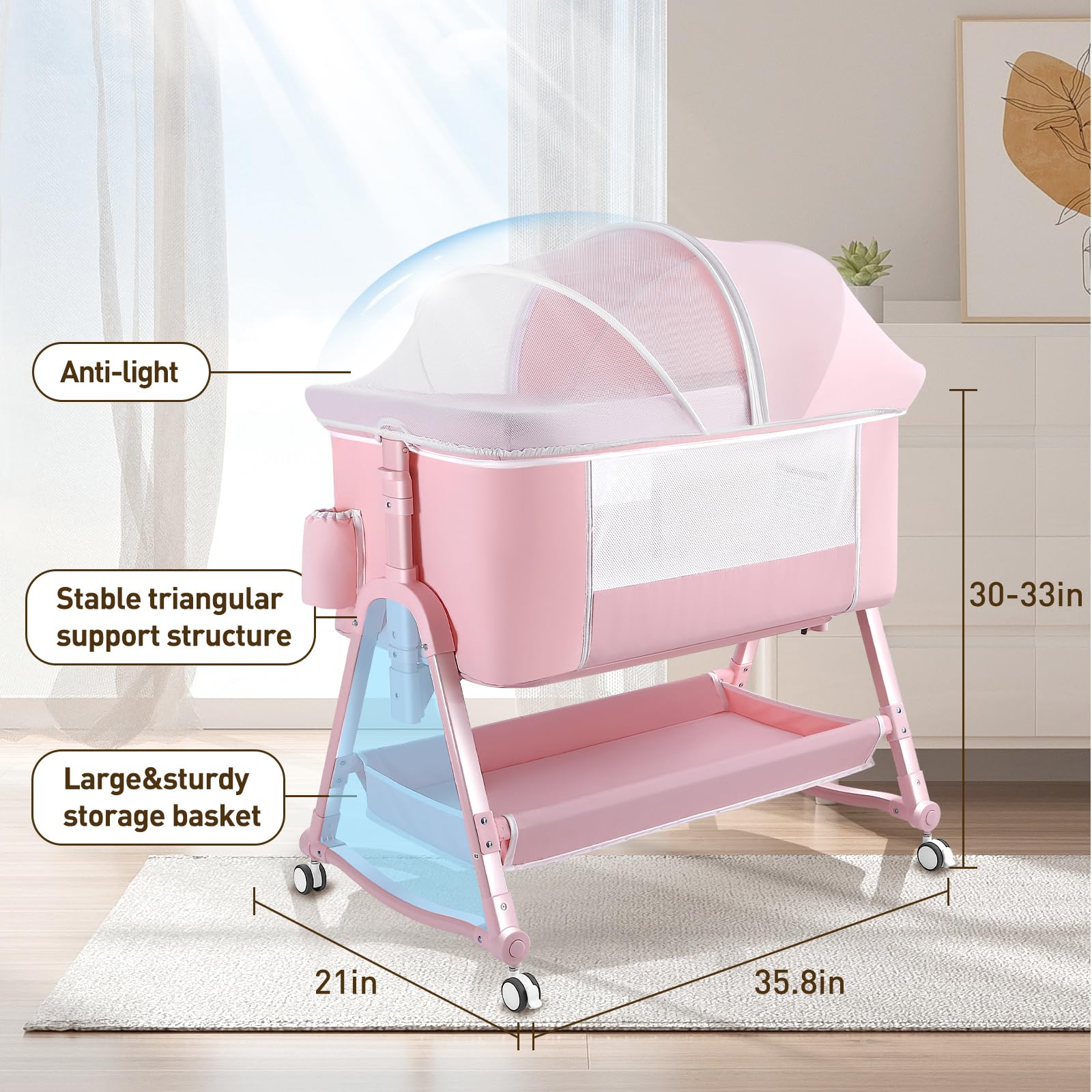 Uuoeebb 4-in-1 Portable Baby Bassinet Bedside Sleeper with Wheels, Foldable Travel Crib with Changing Station & Storage | Includes Mattress for Newborns 0-6 Months (Pink) | Perfect for Nursery, Bedroom Co-Sleeping & Travel