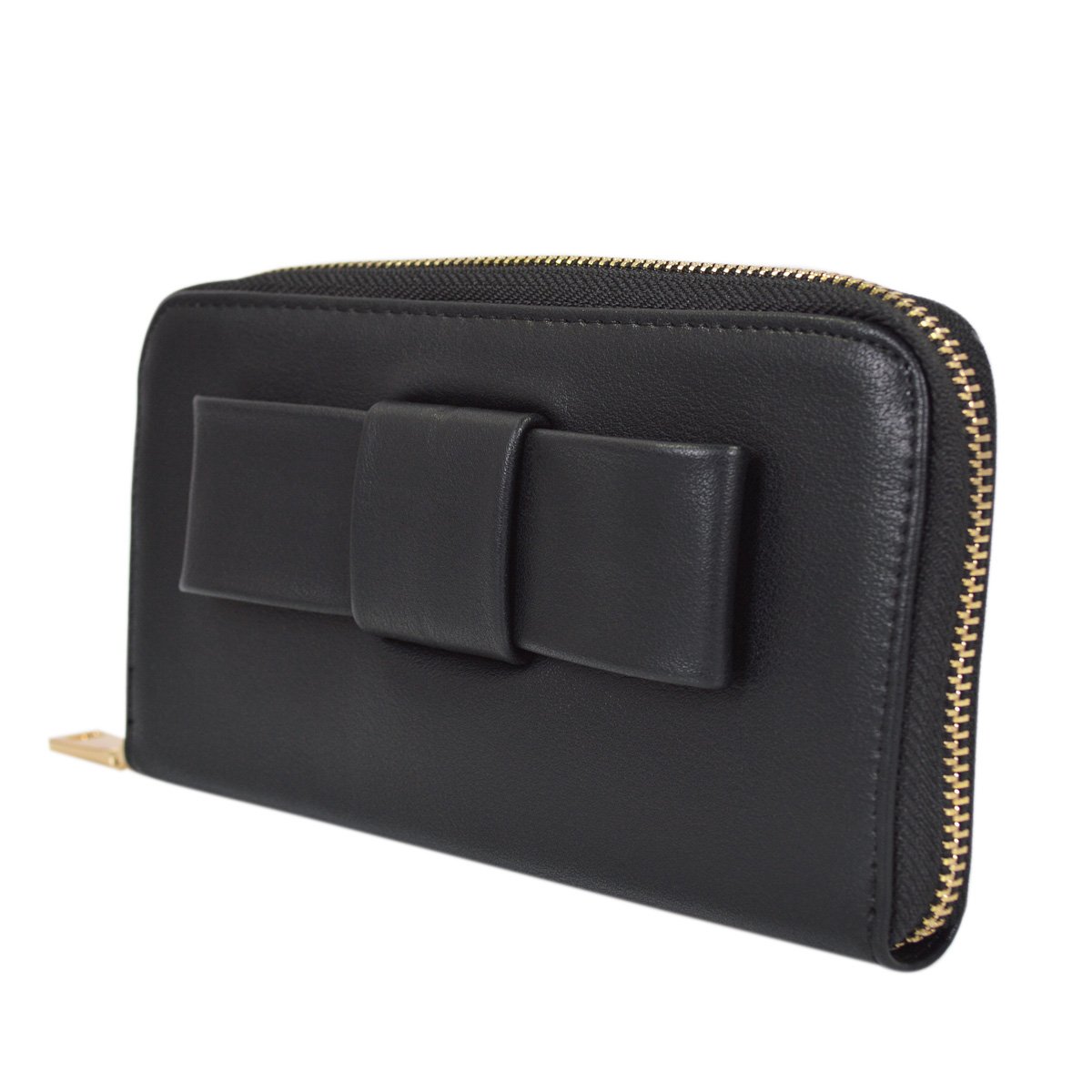 Women's Black PU Leather Zip Around Wallet with Bow Front - Stylish & Compact for Everyday Use, Travel, and Gift Giving