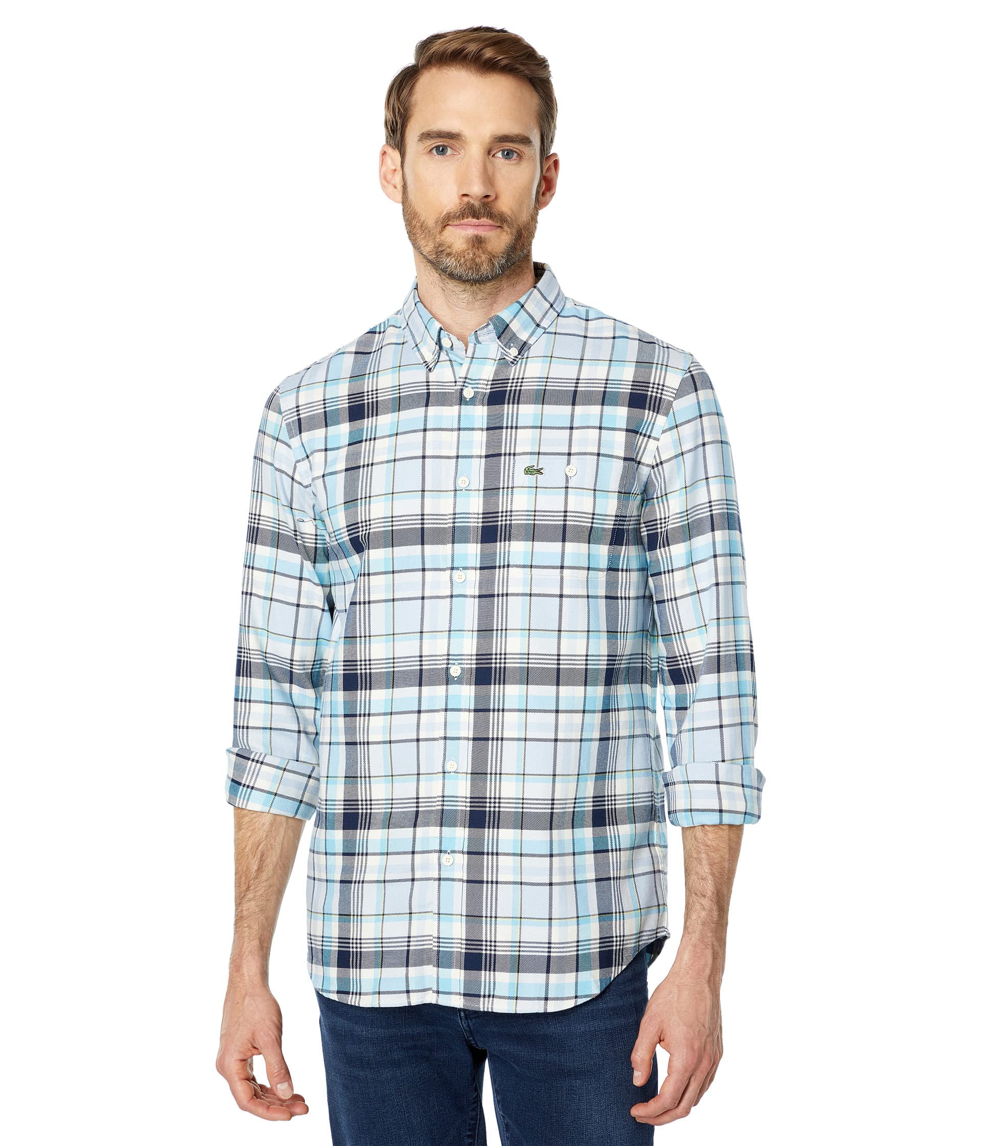 Lacoste Men's Long Sleeve Plaid Button Down Shirt with Chest Pocket | Classic Regular Fit Casual Dress Shirt for Work, Office & Everyday Wear