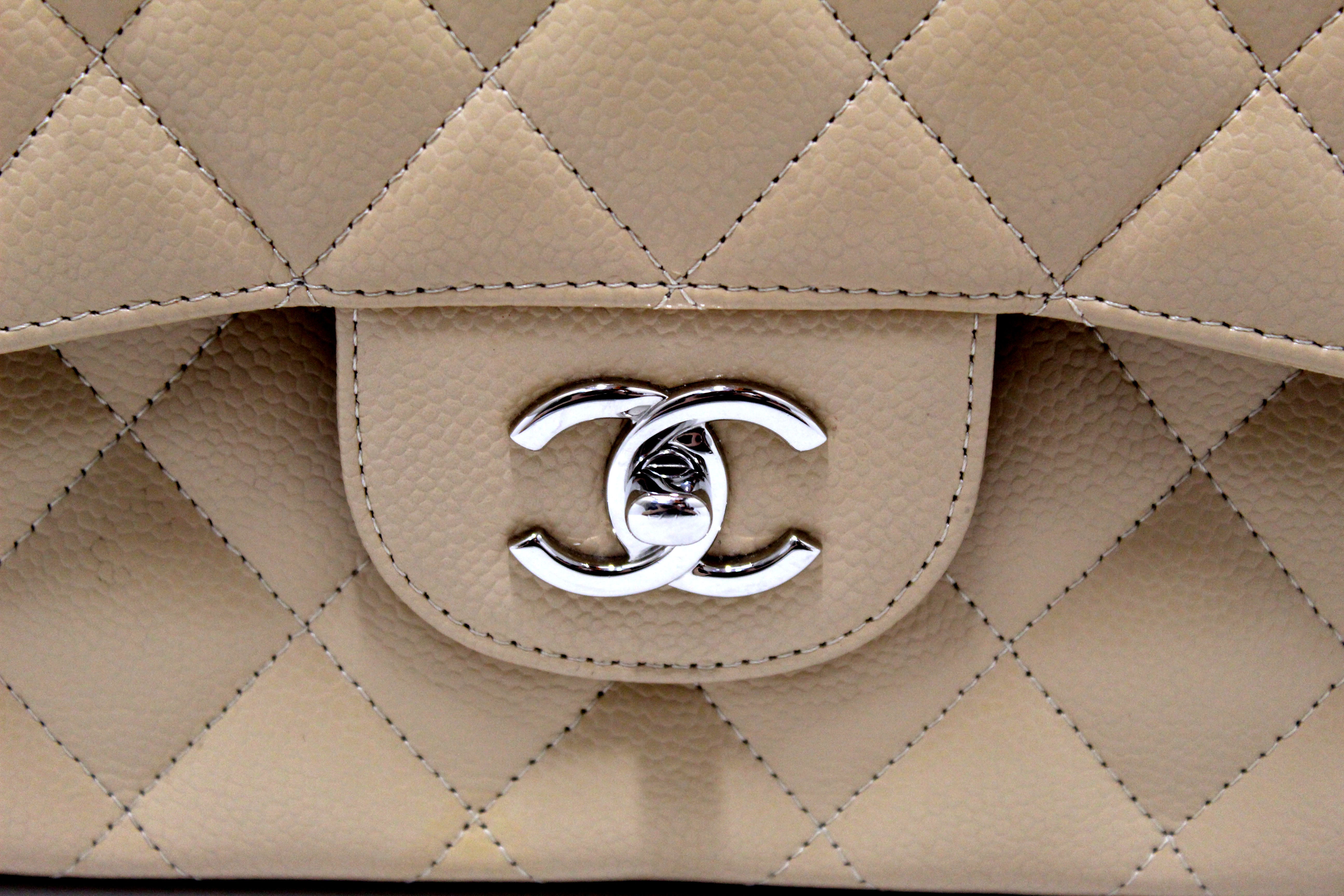 Authentic Chanel Beige Quilted Caviar Leather Classic Jumbo Double Flap Bag - Luxury Designer Handbag for Women, Perfect for Parties, Weddings & Everyday Elegance