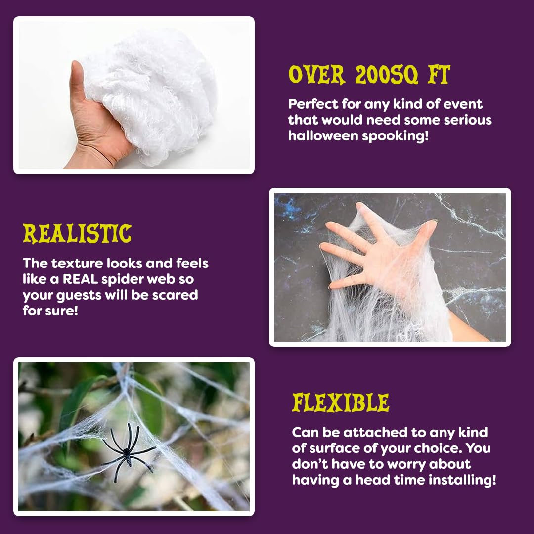 200 sq. ft Halloween Spider Web Decorations - Spooky Cobweb & Fake Spiders Set for Halloween Party, Haunted House, Outdoor & Indoor Decor