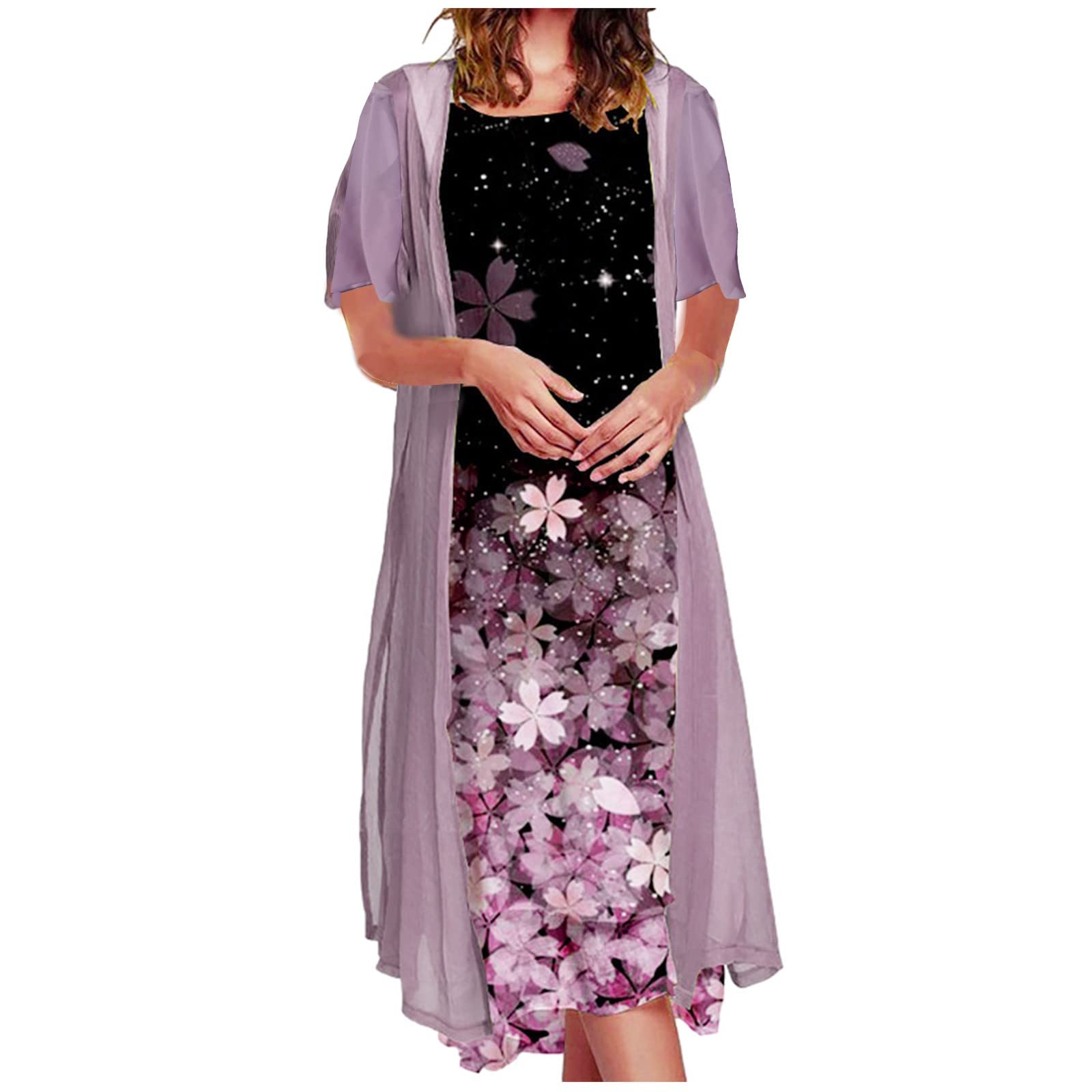 Women's Summer Dresses Flowy Floral Print Two-Piece Set - Chiffon Maxi Dress Plus Size Sleeveless Wedding Guest Outfit | Beach Vacation, Garden Party & Special Occasion Wear