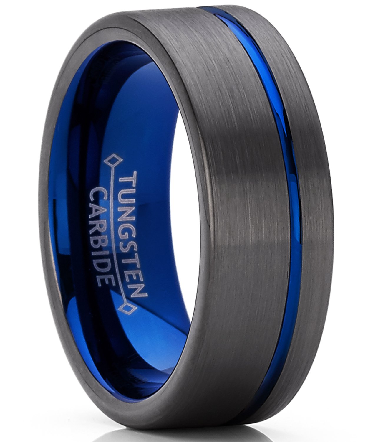 Men's Comfort Fit 8mm Tungsten Carbide Wedding Band Ring - Gun Metal & Blue Grooved Design for Engagement, Anniversary & Daily Wear