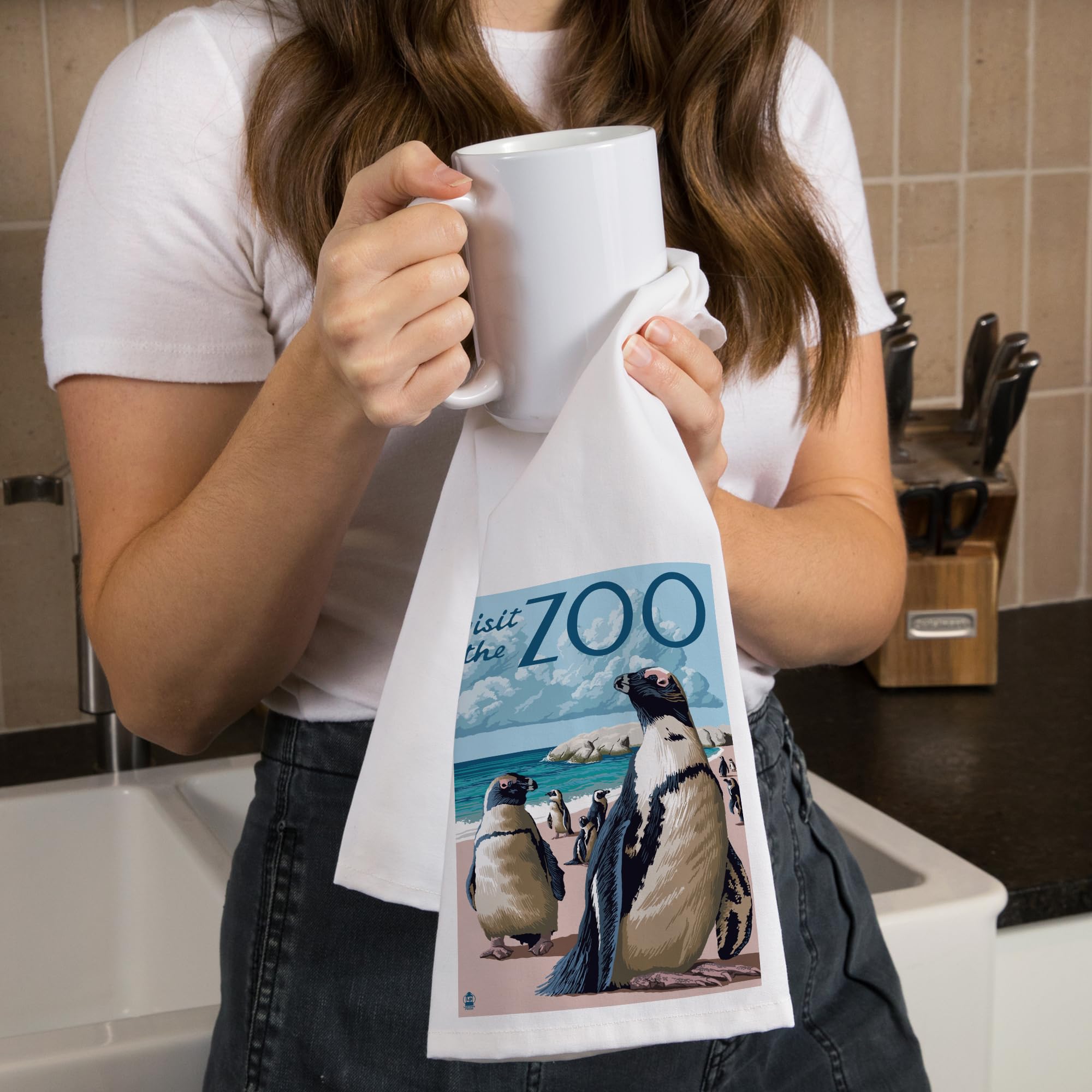 Lantern Press Black-Footed Penguins Zoo Visit - 100% Cotton Tea Towel & Decorative Hand Towel for Kitchen, Home Decor | Perfect for Dish Drying, Gift Giving & Coastal Theme Decor